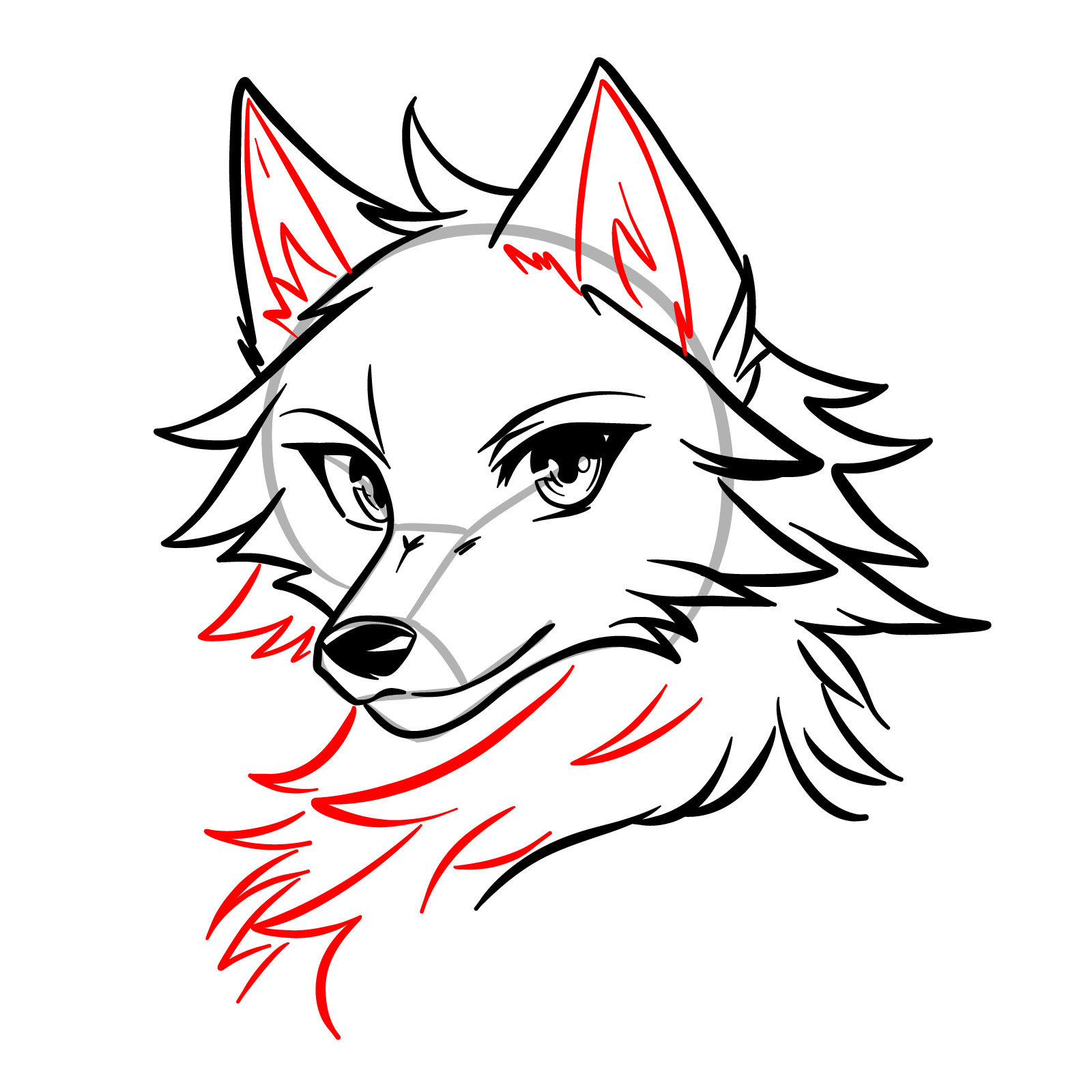 Detailed fur on ears and neck in step 9 of anime wolf face drawing