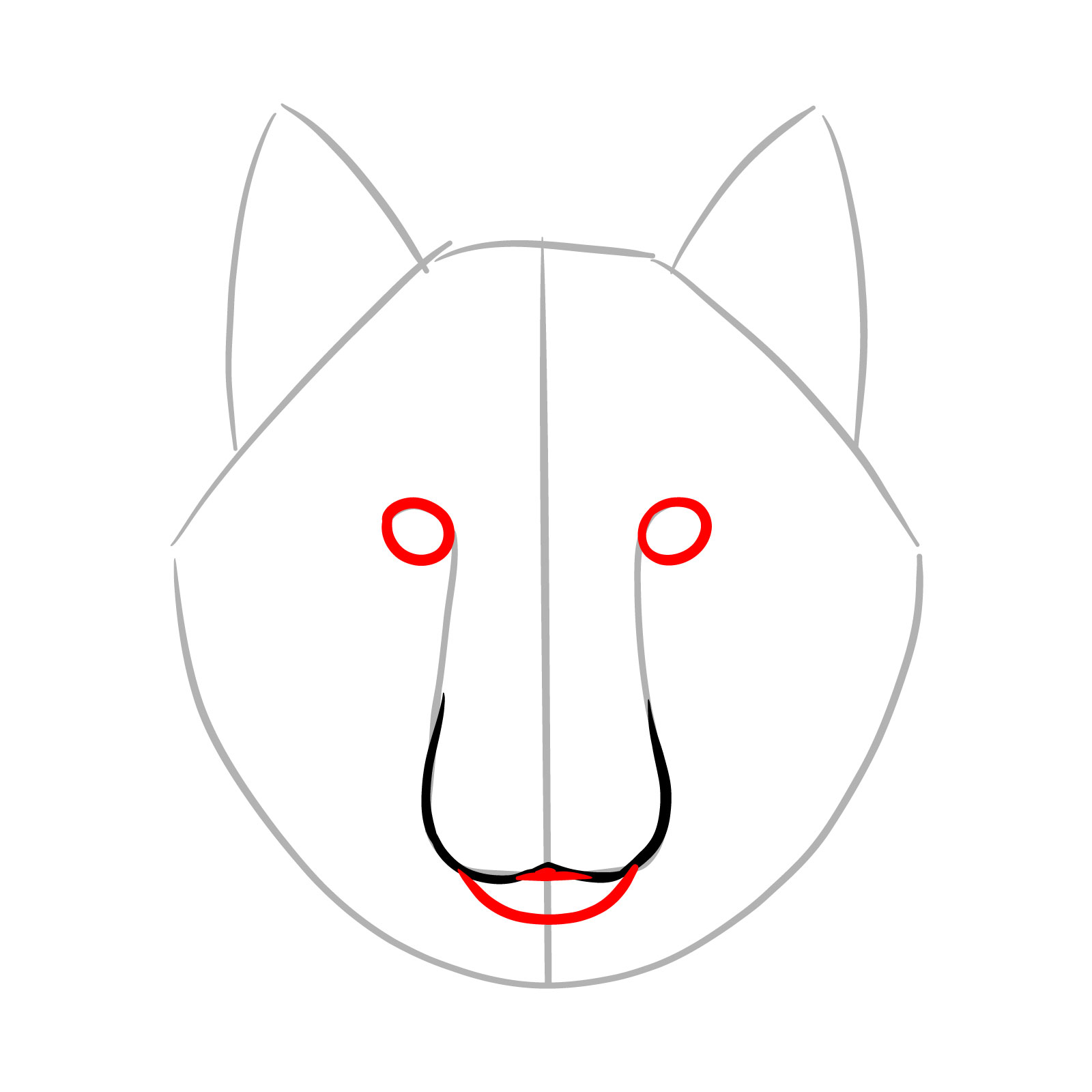 Adding eye outlines in step 4 of drawing a realistic wolf face