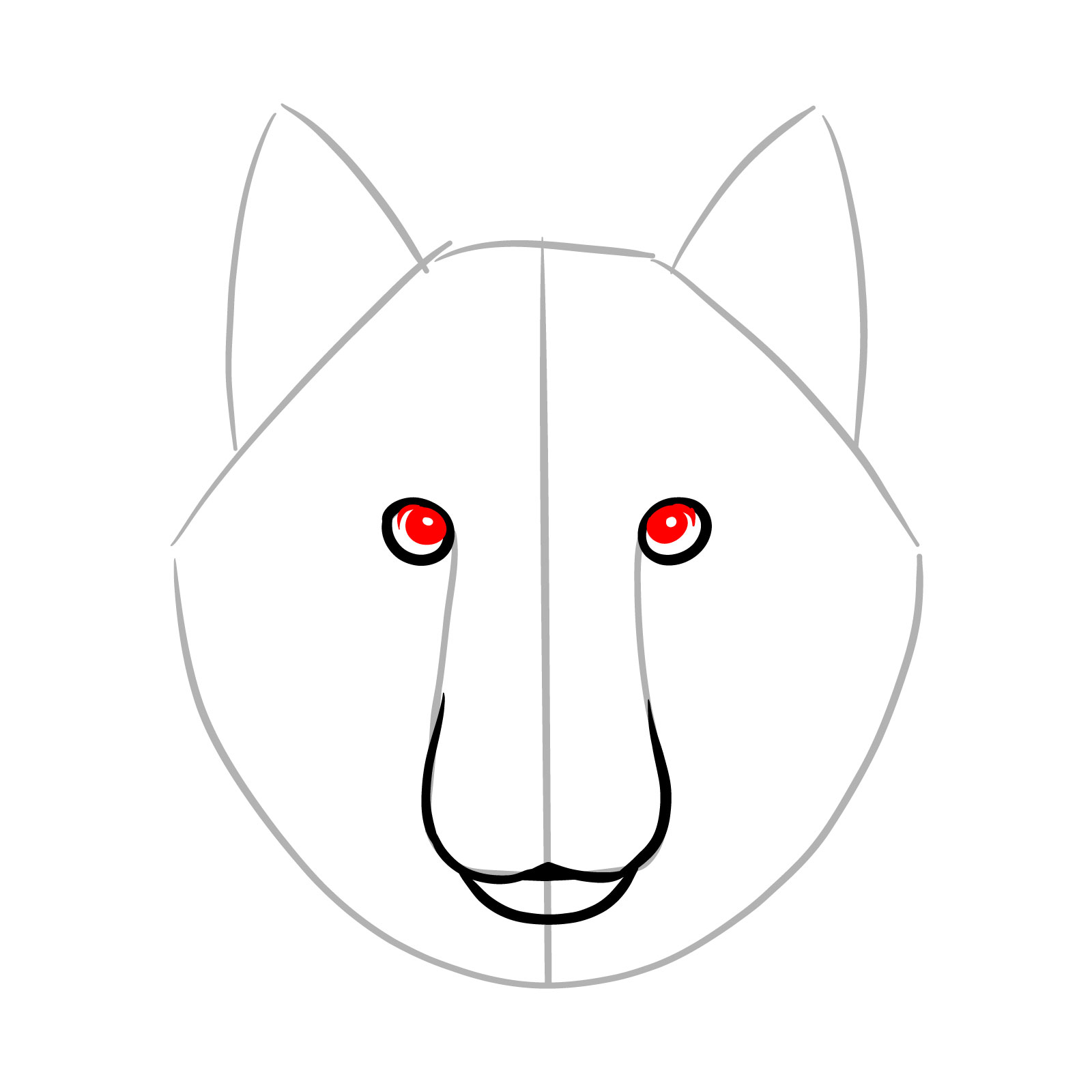 Sketching the eyeballs and pupils in step 5 of a realistic wolf face drawing