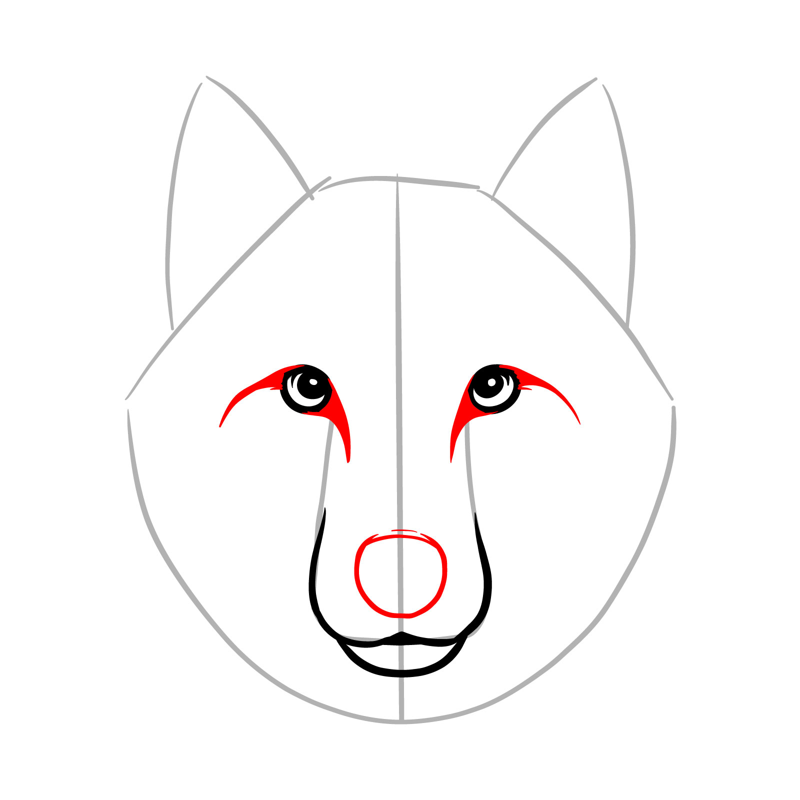 Adding depth to eyes and nose outline in step 6 of a realistic wolf face drawing