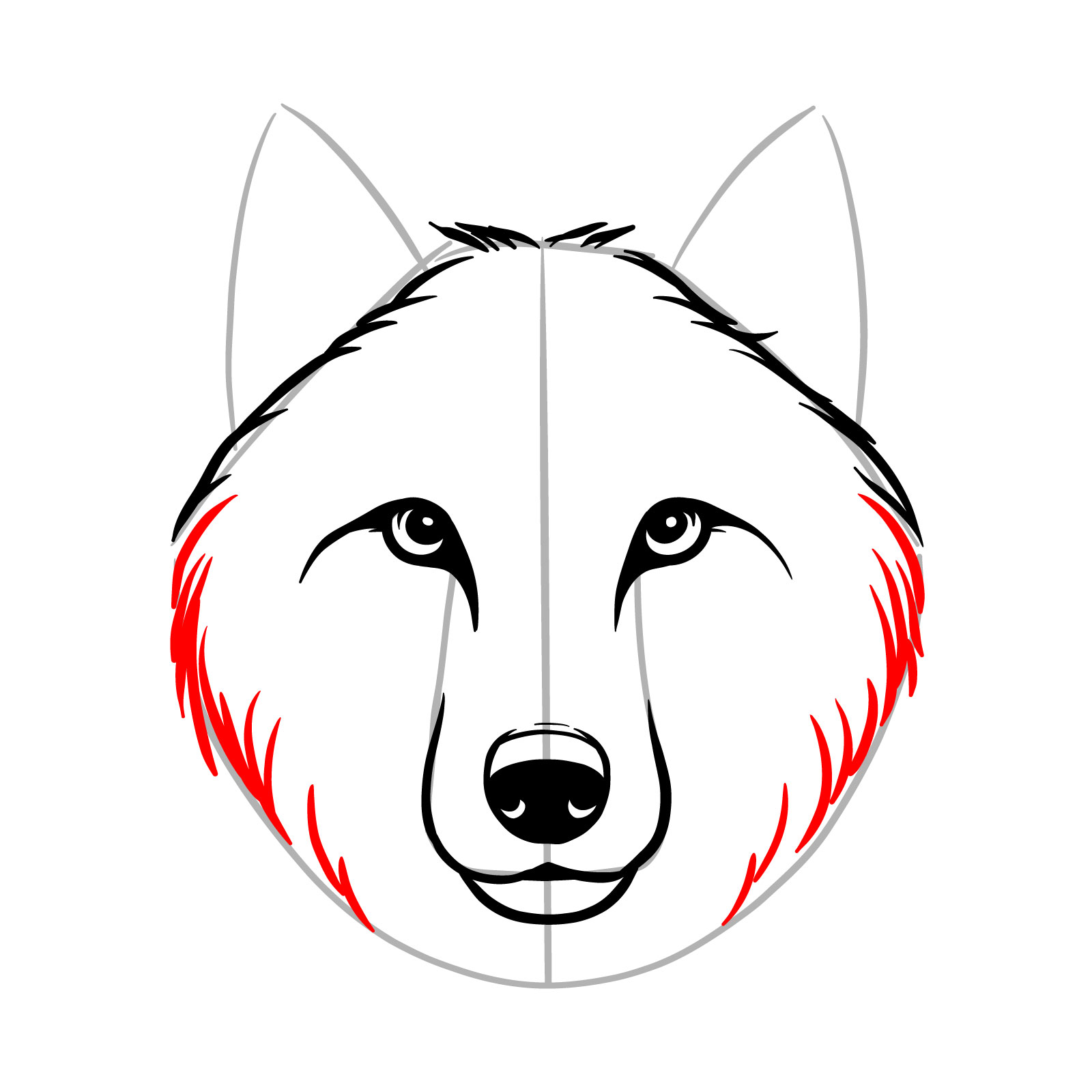 Defining the side frame of the wolf's head in step 9 of the drawing guide