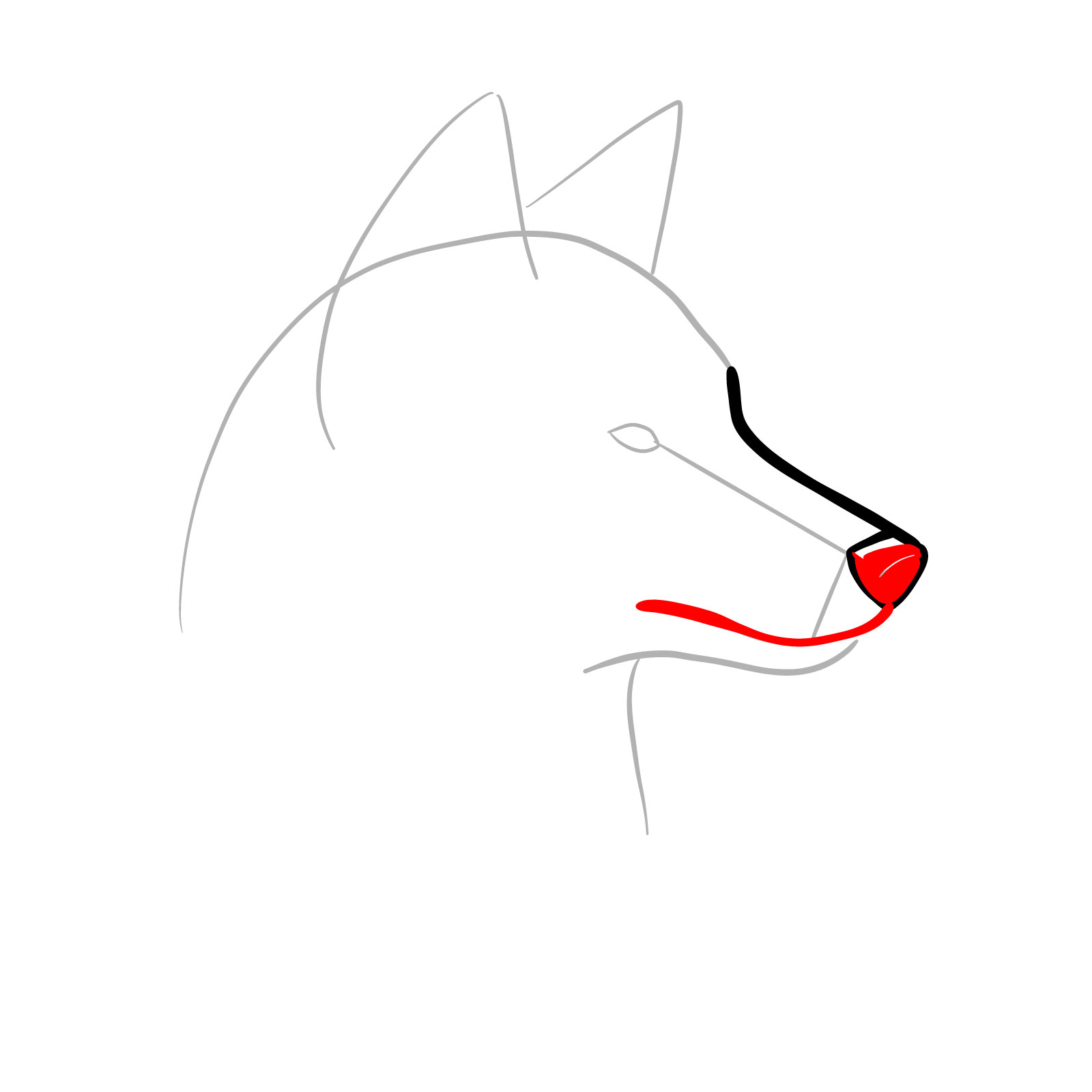 Shading the nose with highlights and adding the mouth line in step 4 of drawing a wolf's face - step 04
