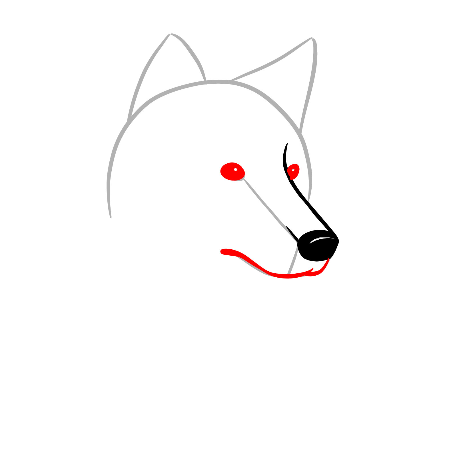 Filling in the eyes and drawing the mouth line for a wolf head 3/4 view - step 04