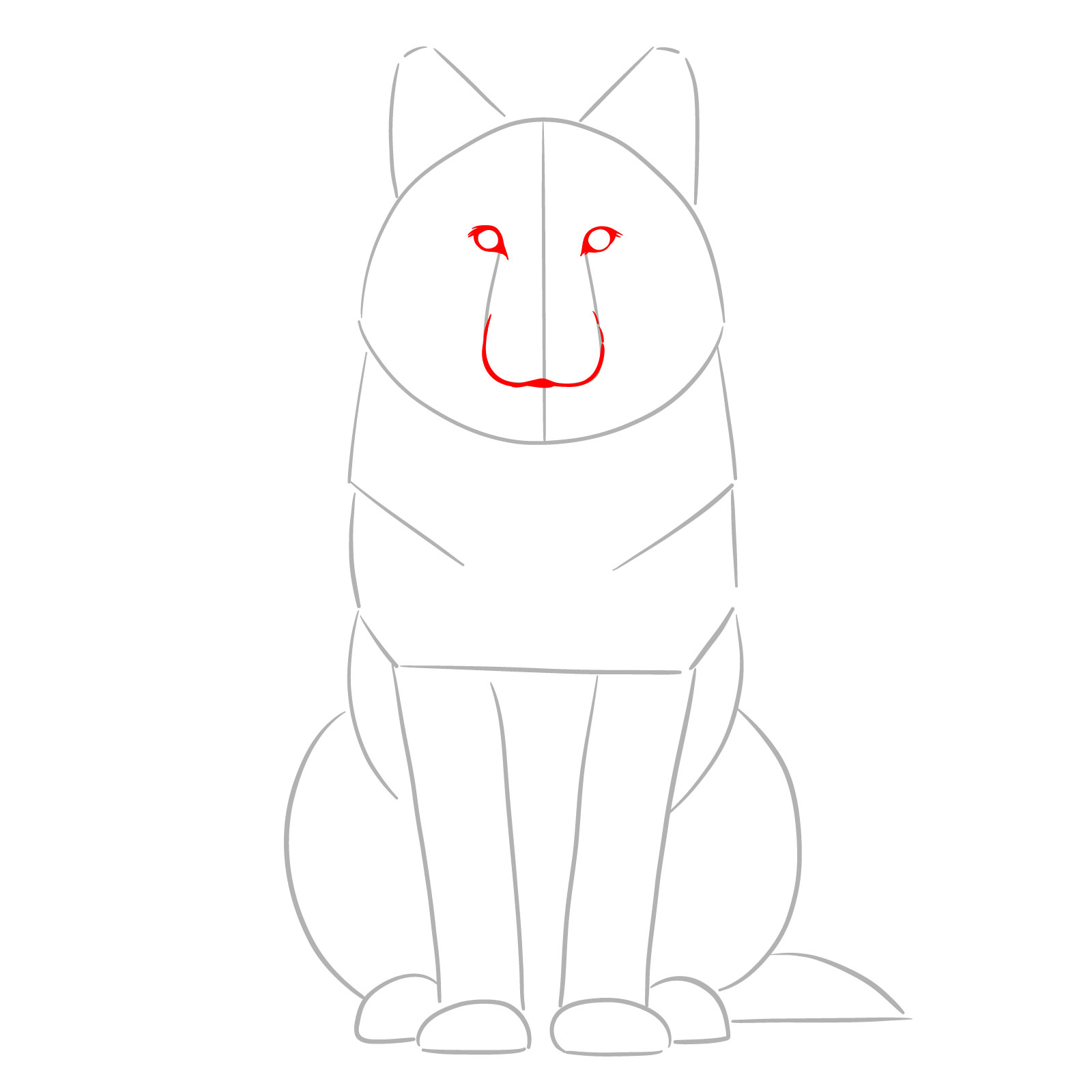 Detailing the mouth and eyes in a step-by-step sitting wolf drawing guide - step 04