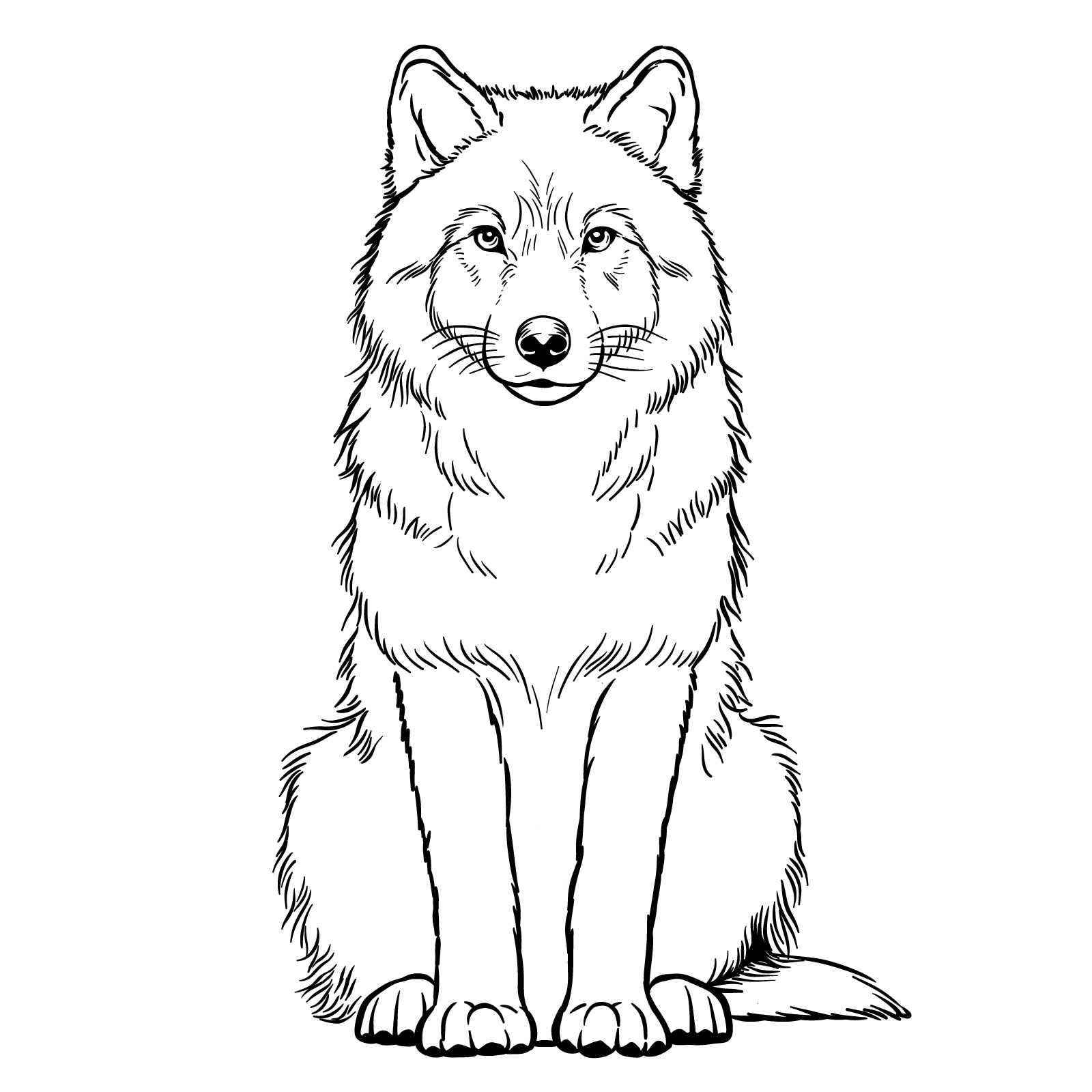 Finalized sitting wolf drawing with erased base sketches - step 16