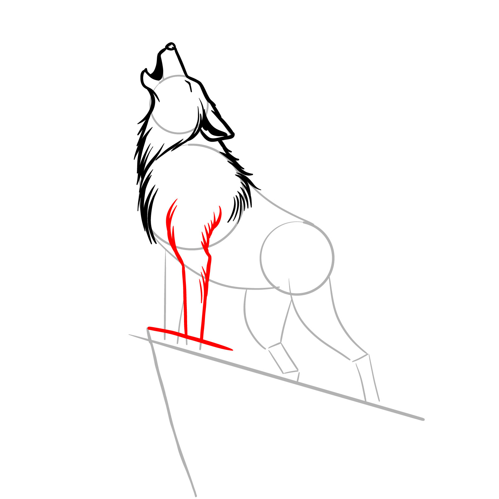 Finalizing the front leg and cliff top in the howling wolf drawing - step 07