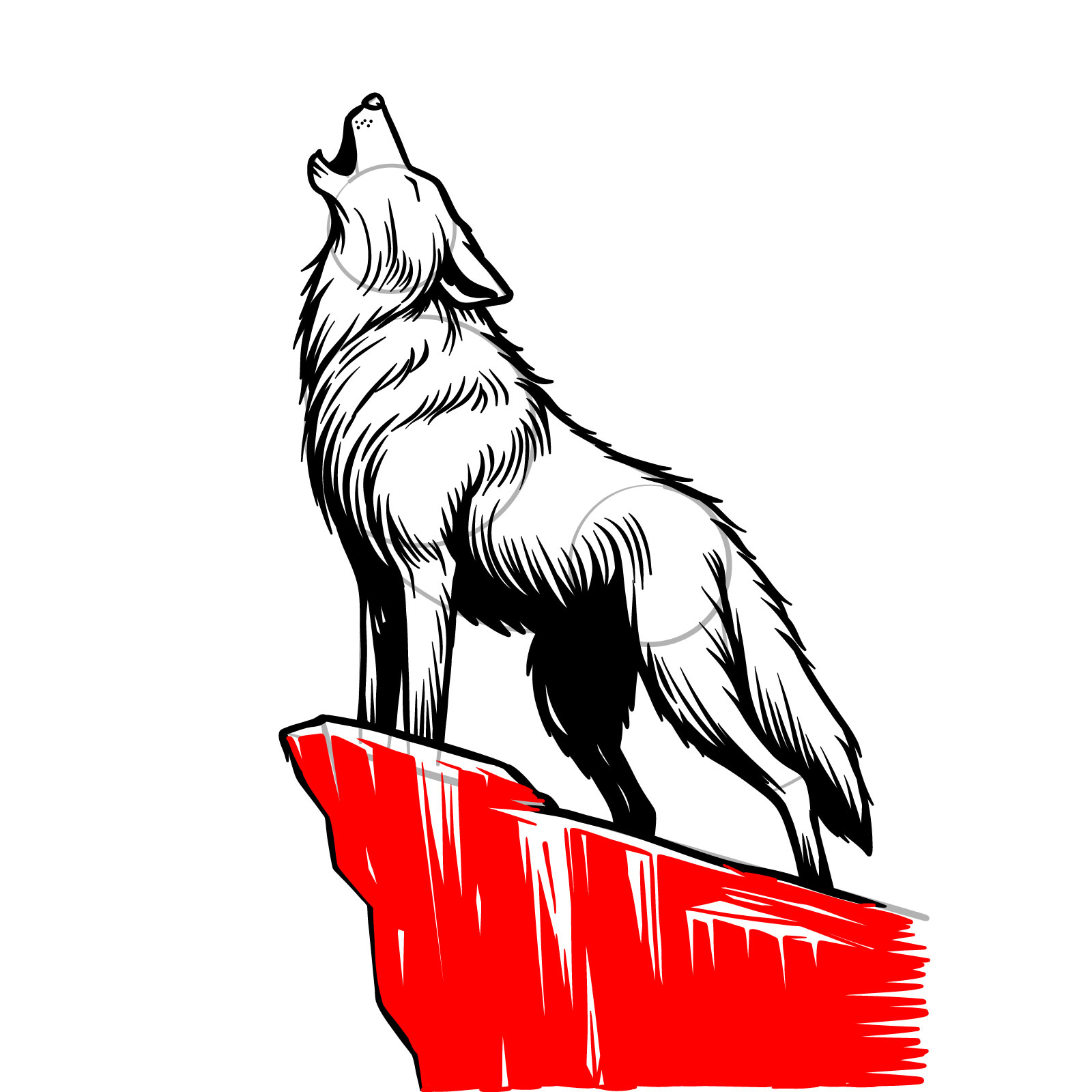Bold shading of the cliff in the howling wolf drawing for contrast - step 13
