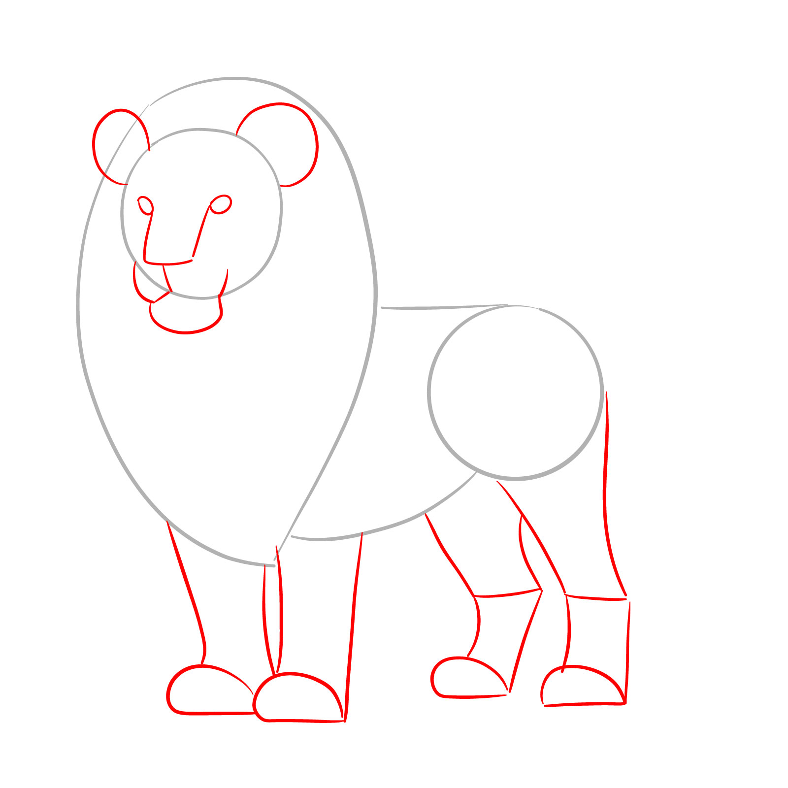 How to draw a simple lion with shapes for nose, eyes, ears, and legs - step 02