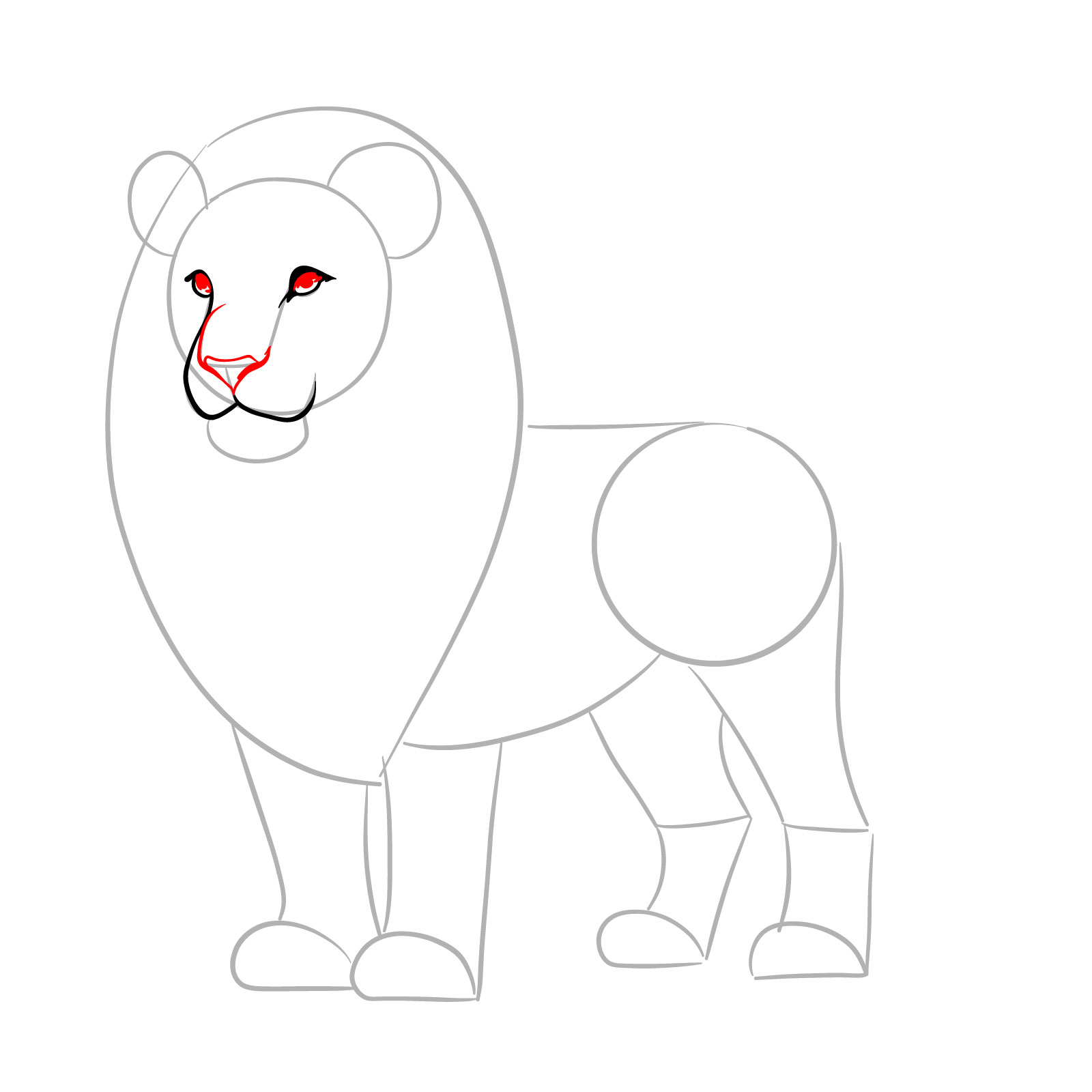 Step-by-step lion drawing guide for adding nose and eyes - step 04