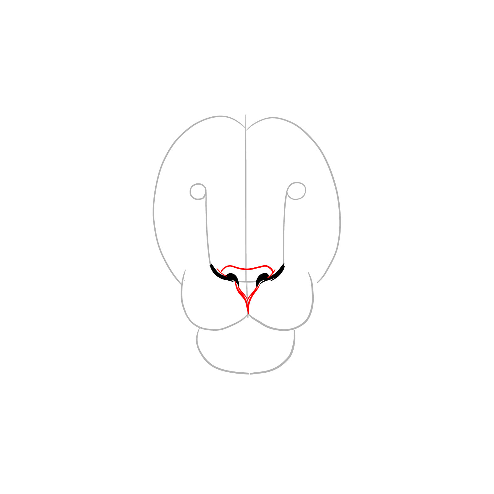 Shaping the nose in a lion's face front view drawing - step 03