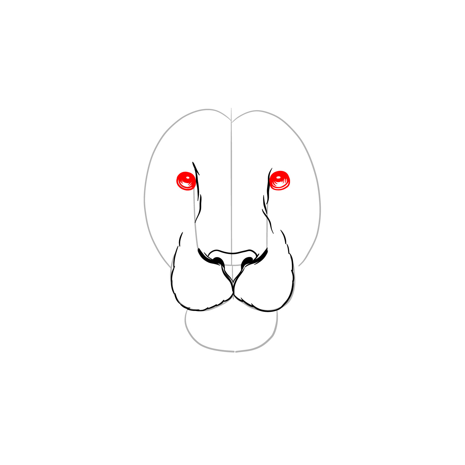Adding eyes to the lion's face front view drawing - step 05