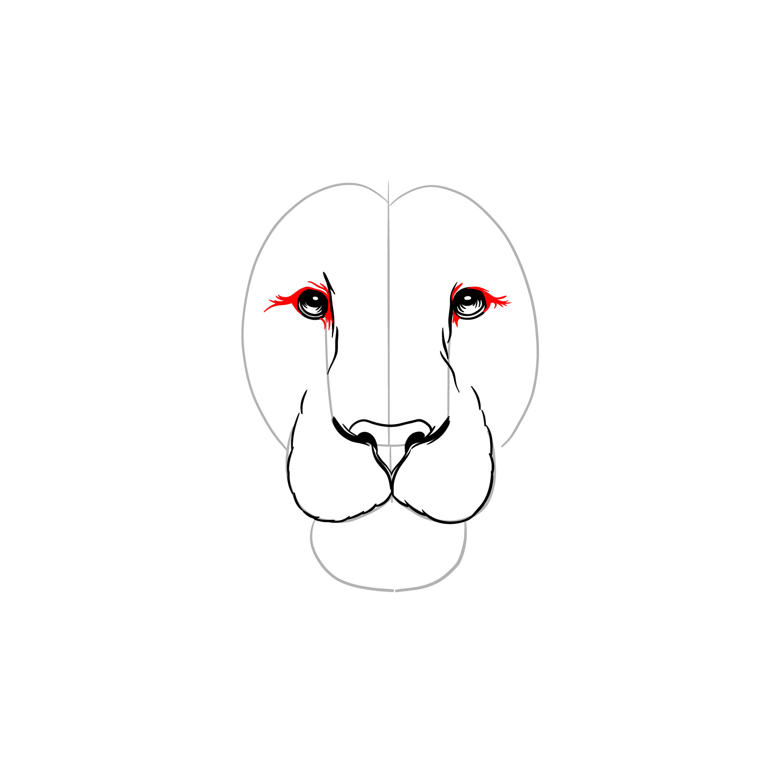 Detailing the area around the eyes in a lion's face drawing - step 06