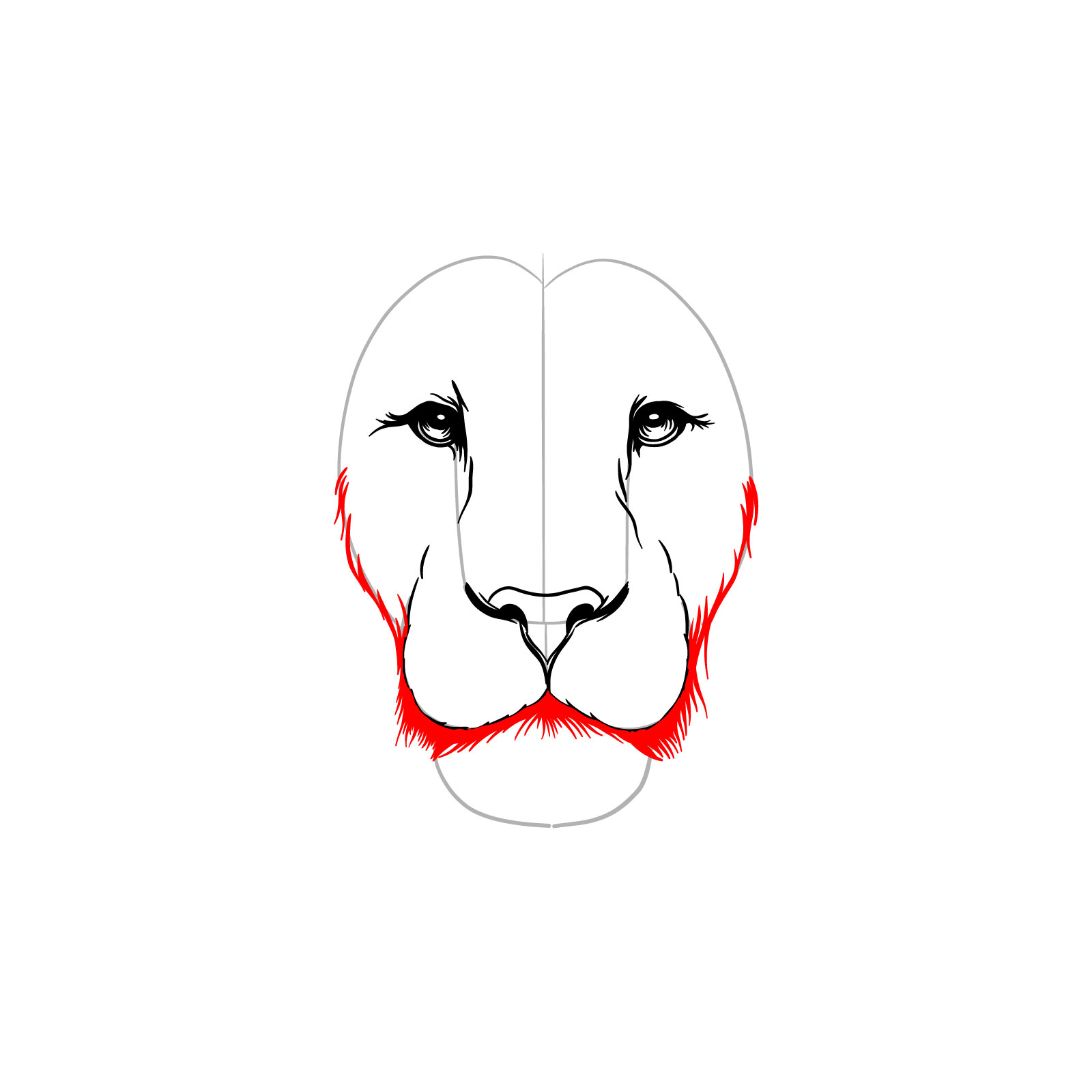 Outlining the mouth and facial fur in a lion's face drawing - step 07