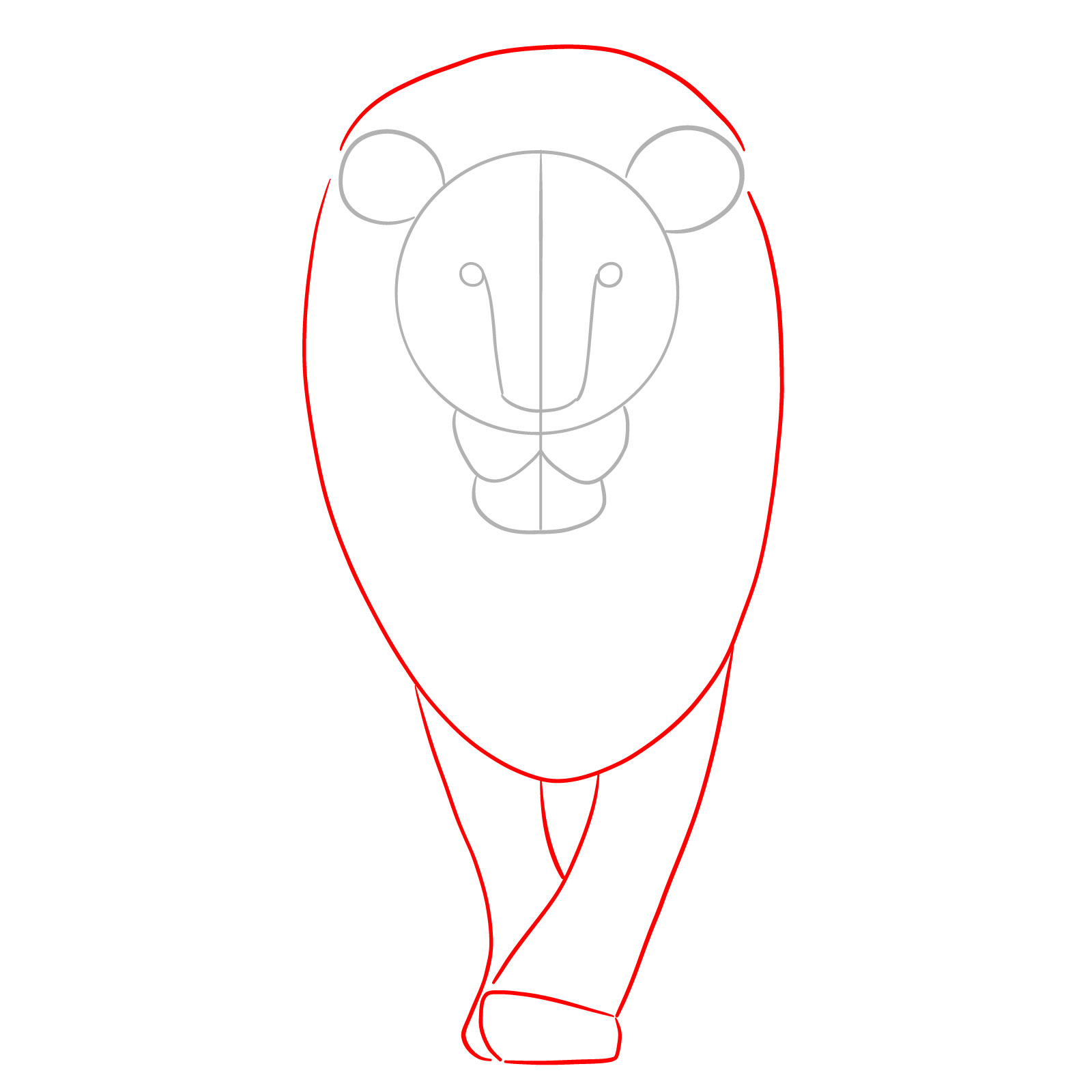 Adding the mane base and front leg outlines to a walking lion drawing - step 02