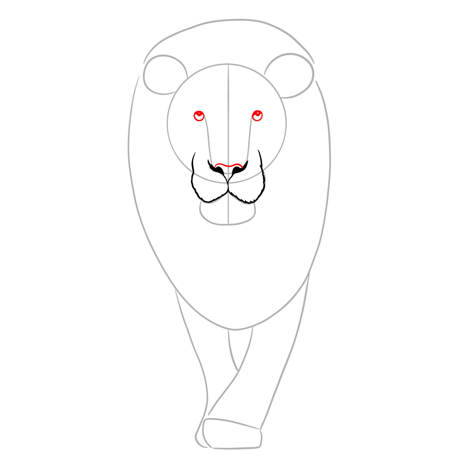 Drawing eyes and the bridge of the nose in a lion's face sketch - step 04