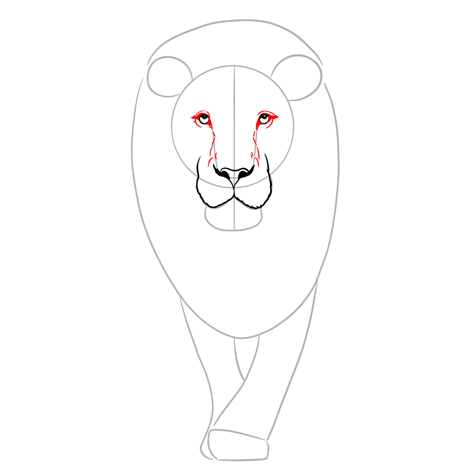 Adding details to the eyes and nose bridge in a walking lion sketch - step 05