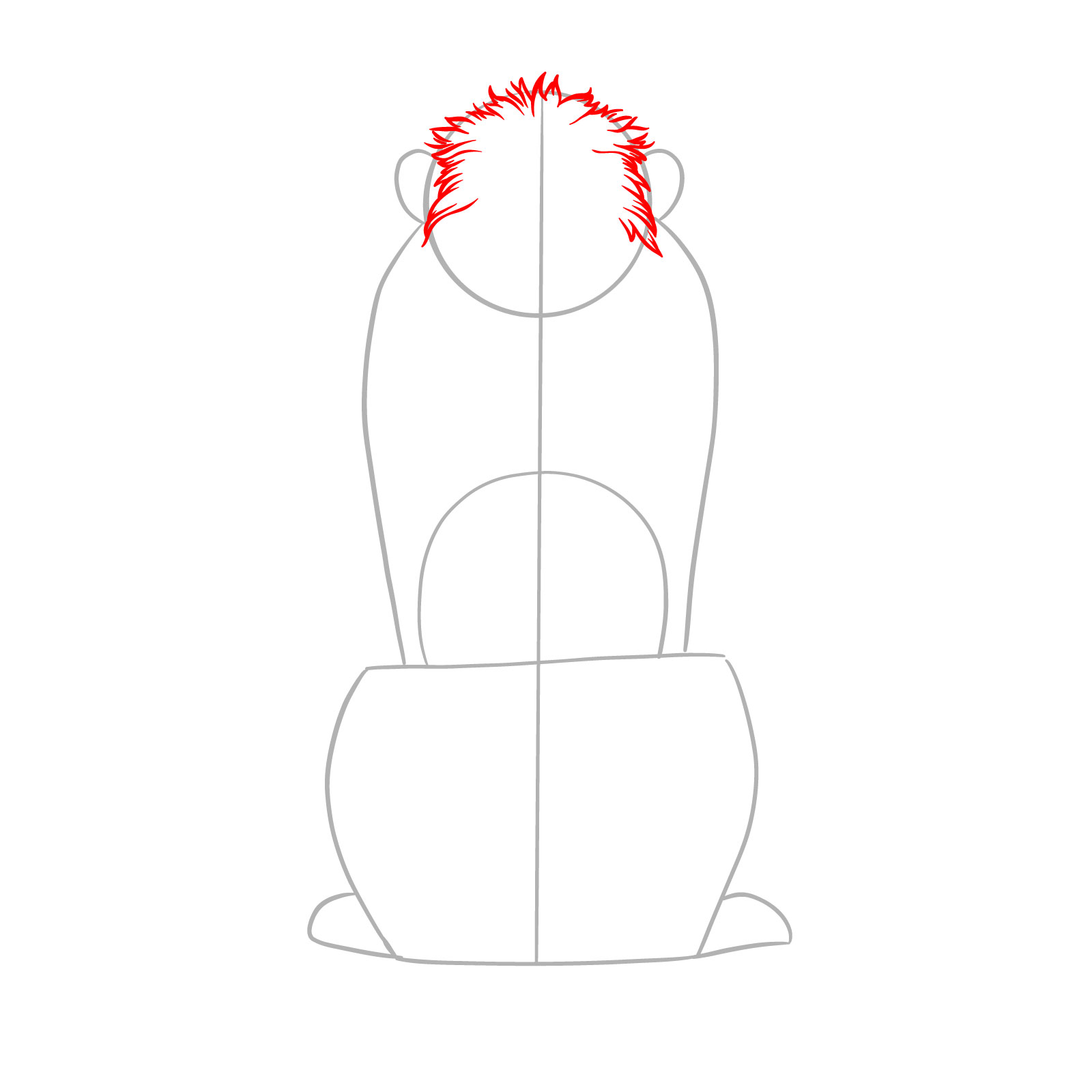 Step 3 in illustrating a sitting lion from the back view, detailing with fur lines on the head