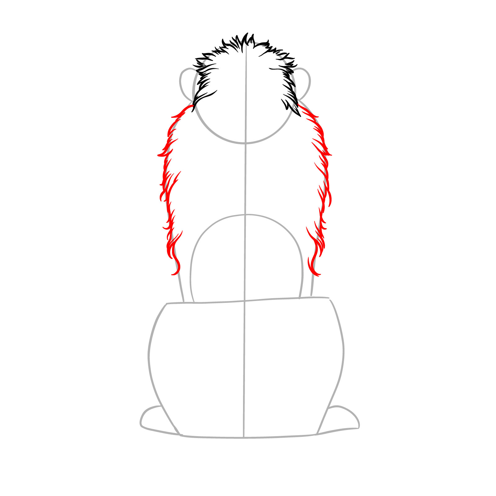 Step 4 in the guide for drawing a sitting lion from the back view, adding mane details - step 04