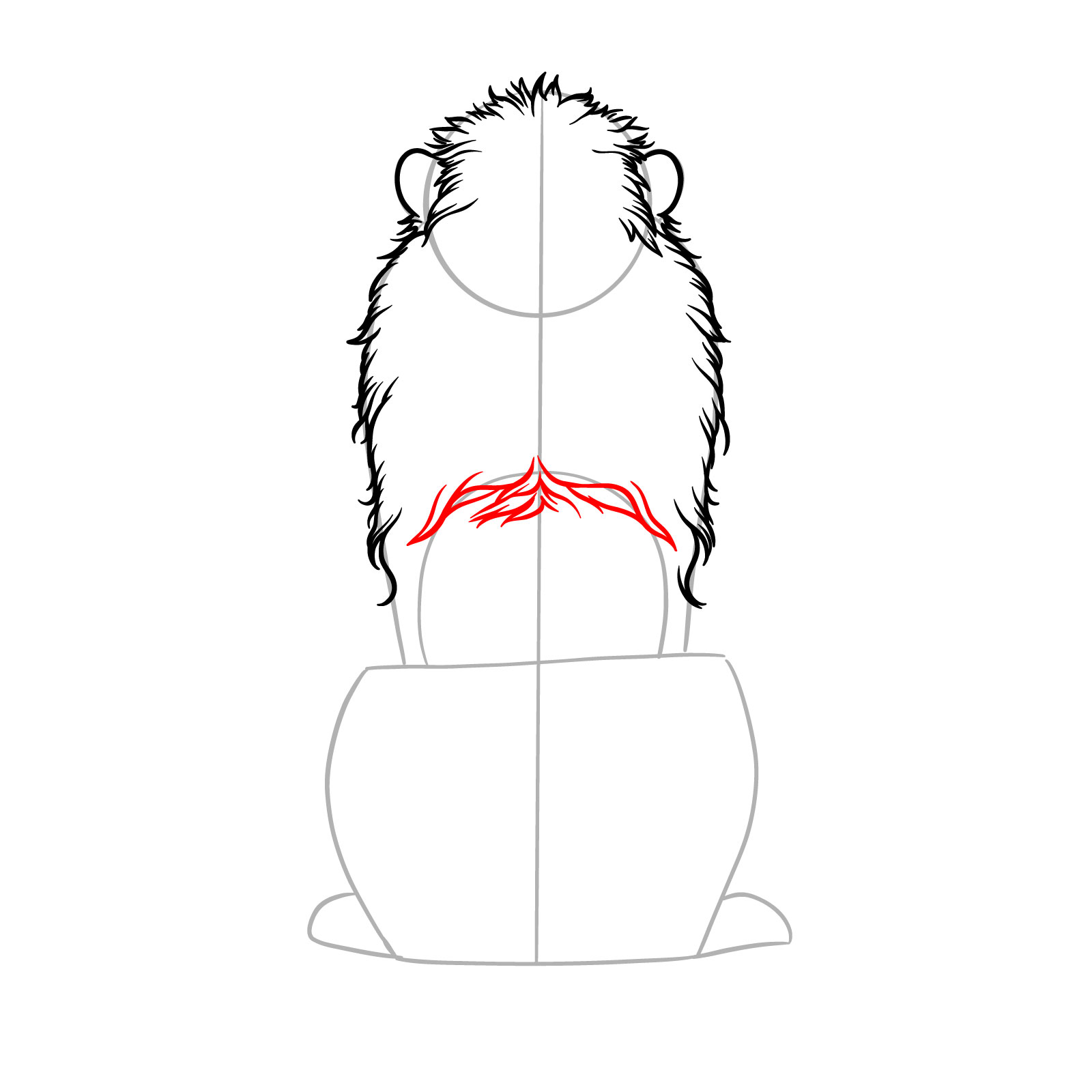 Step 6 in sketching a sitting lion from the back view, adding mane fur on the back