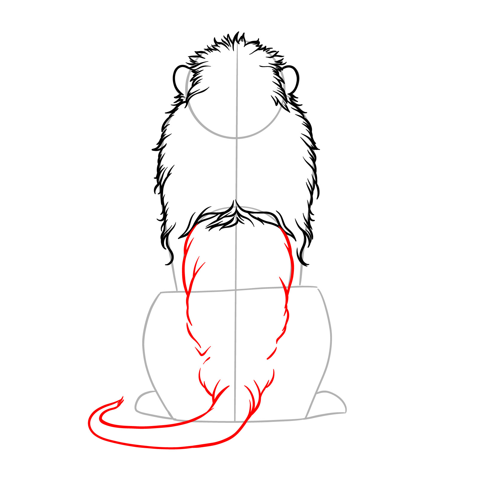 Step 7 in illustrating a sitting lion from the back view, adding back muscles and tail outline