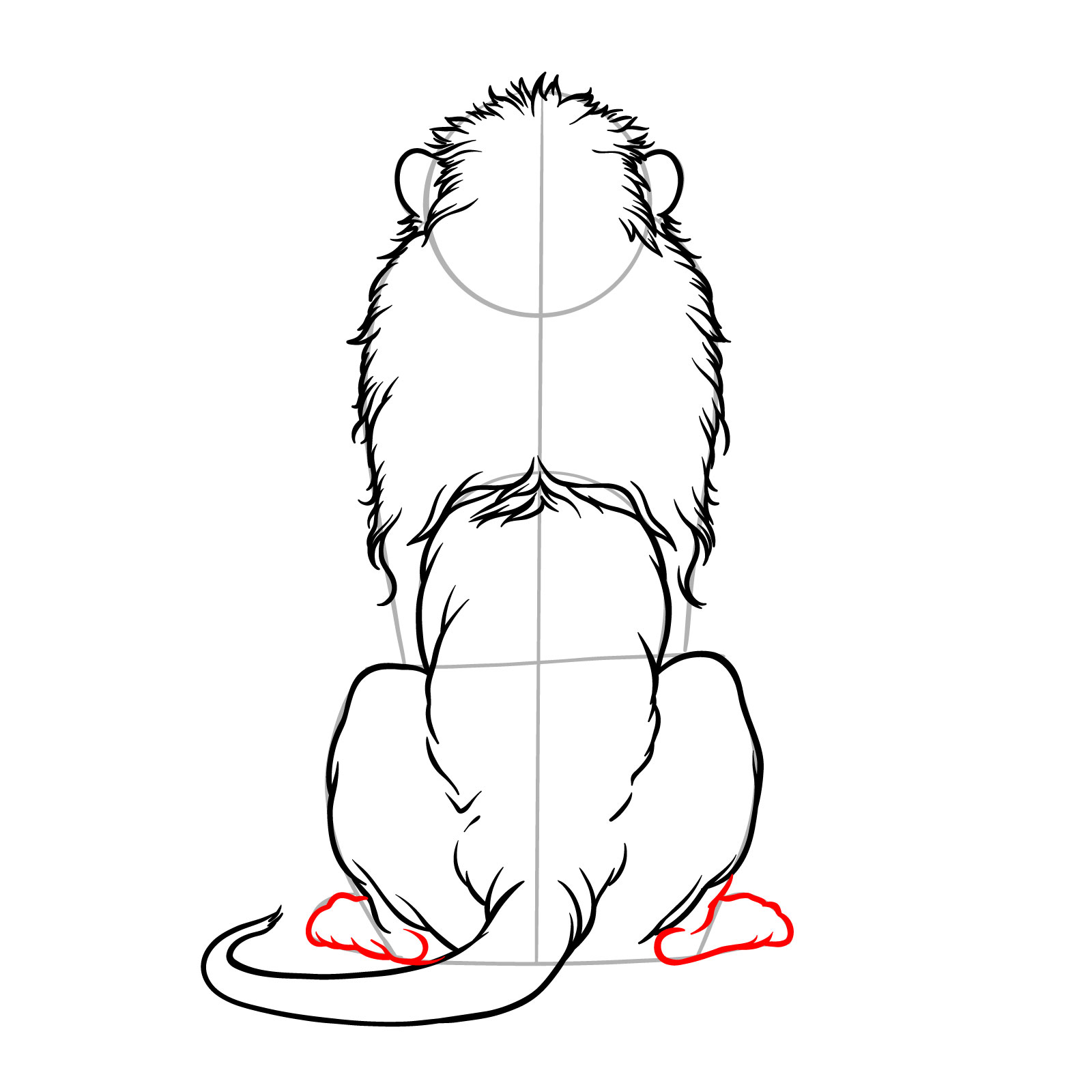 Step 9 in drawing a sitting lion from the back view, completing the rear legs