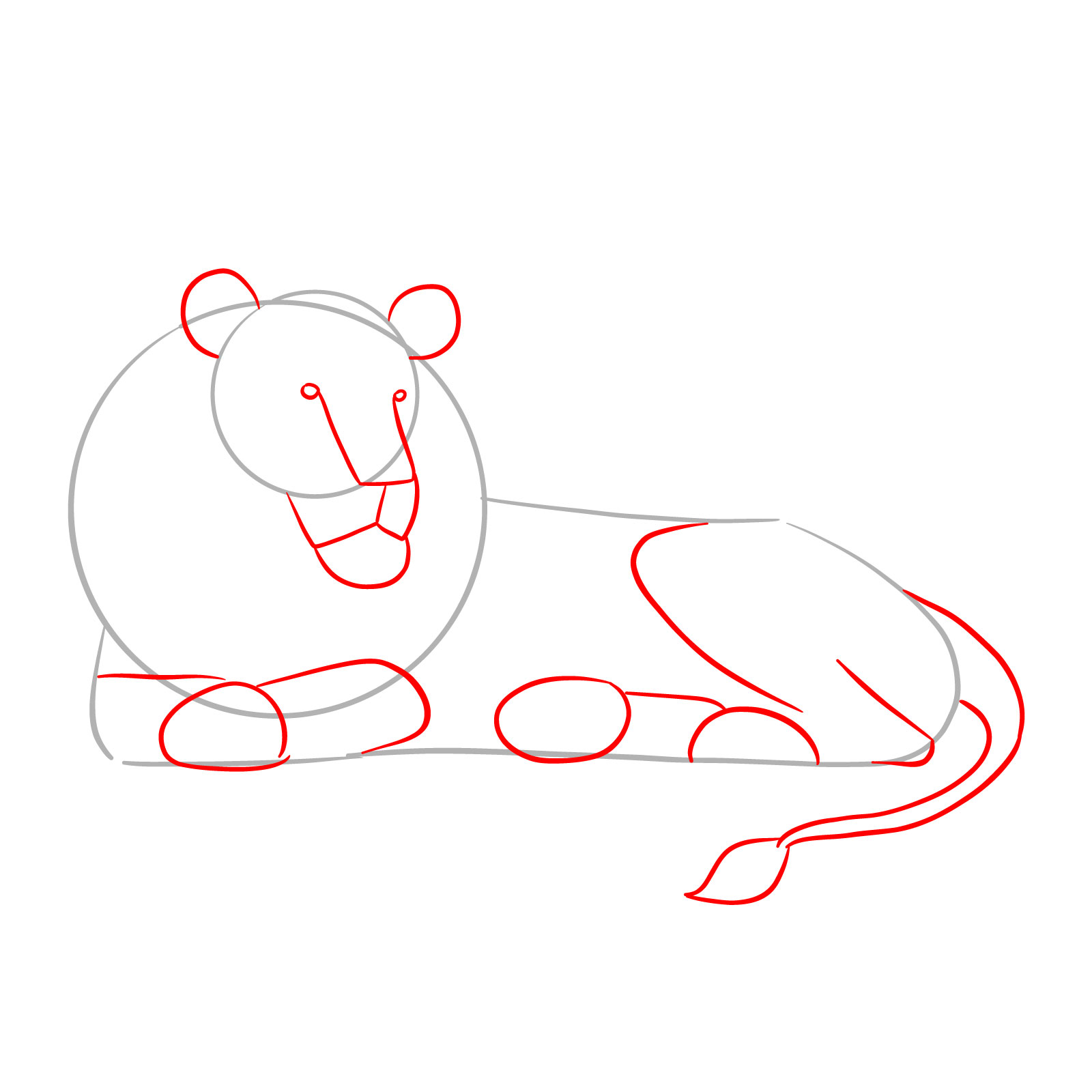 Lying lion drawing - Step 2: Adding basic facial and body shapes
