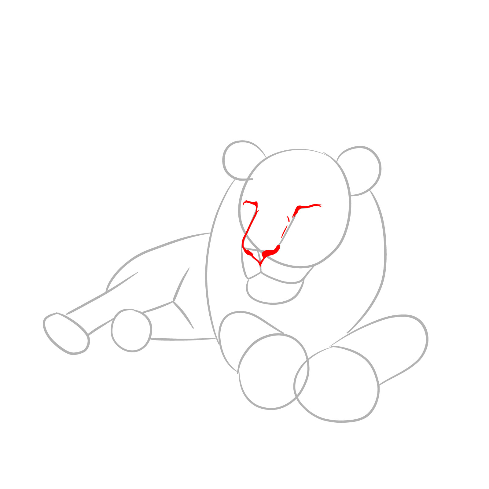 How to draw a sleeping lion in front view - Step 3: Eyes, nose bridge, and nostrils