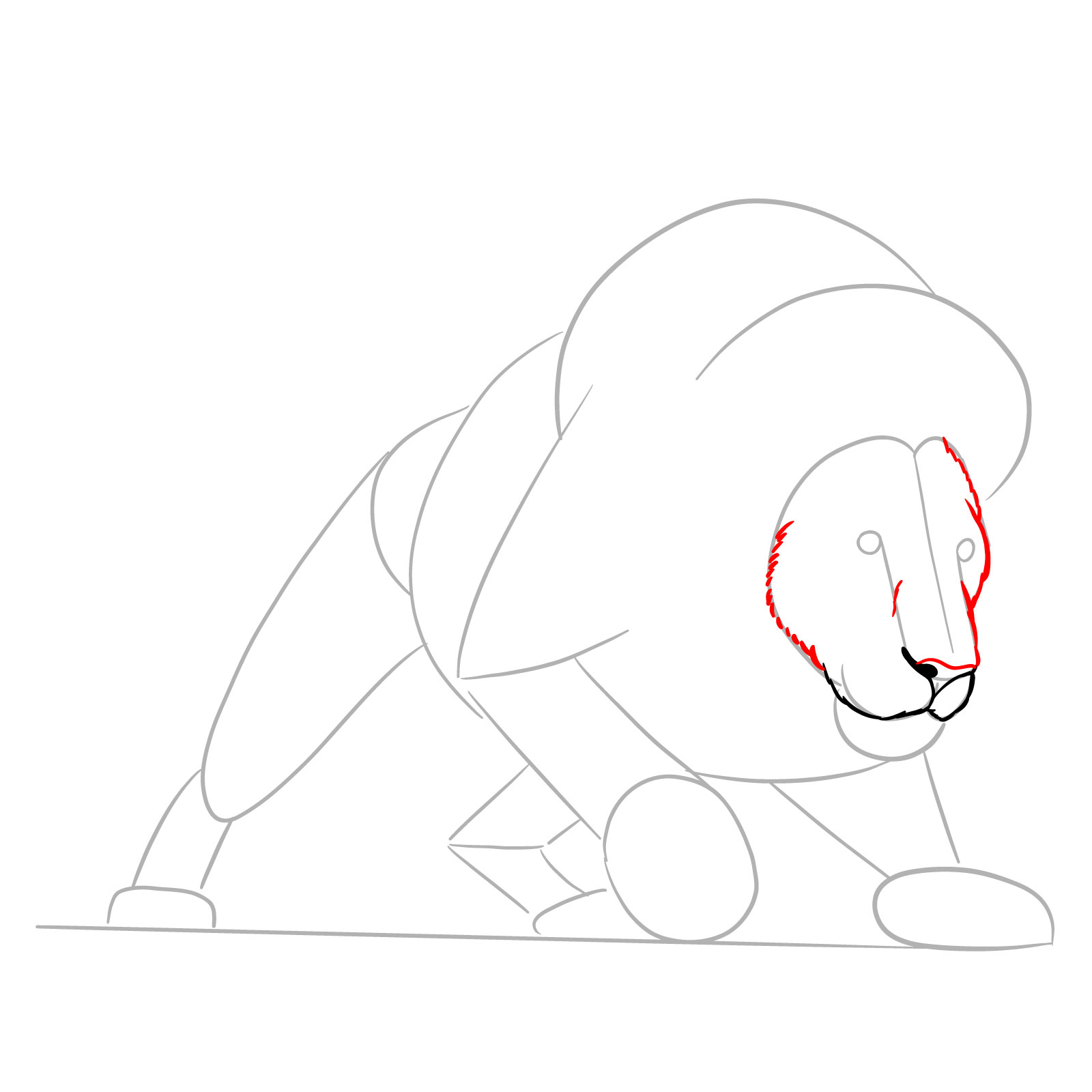 How to draw a hunting lion - Step 5: Nose bridge and face framing