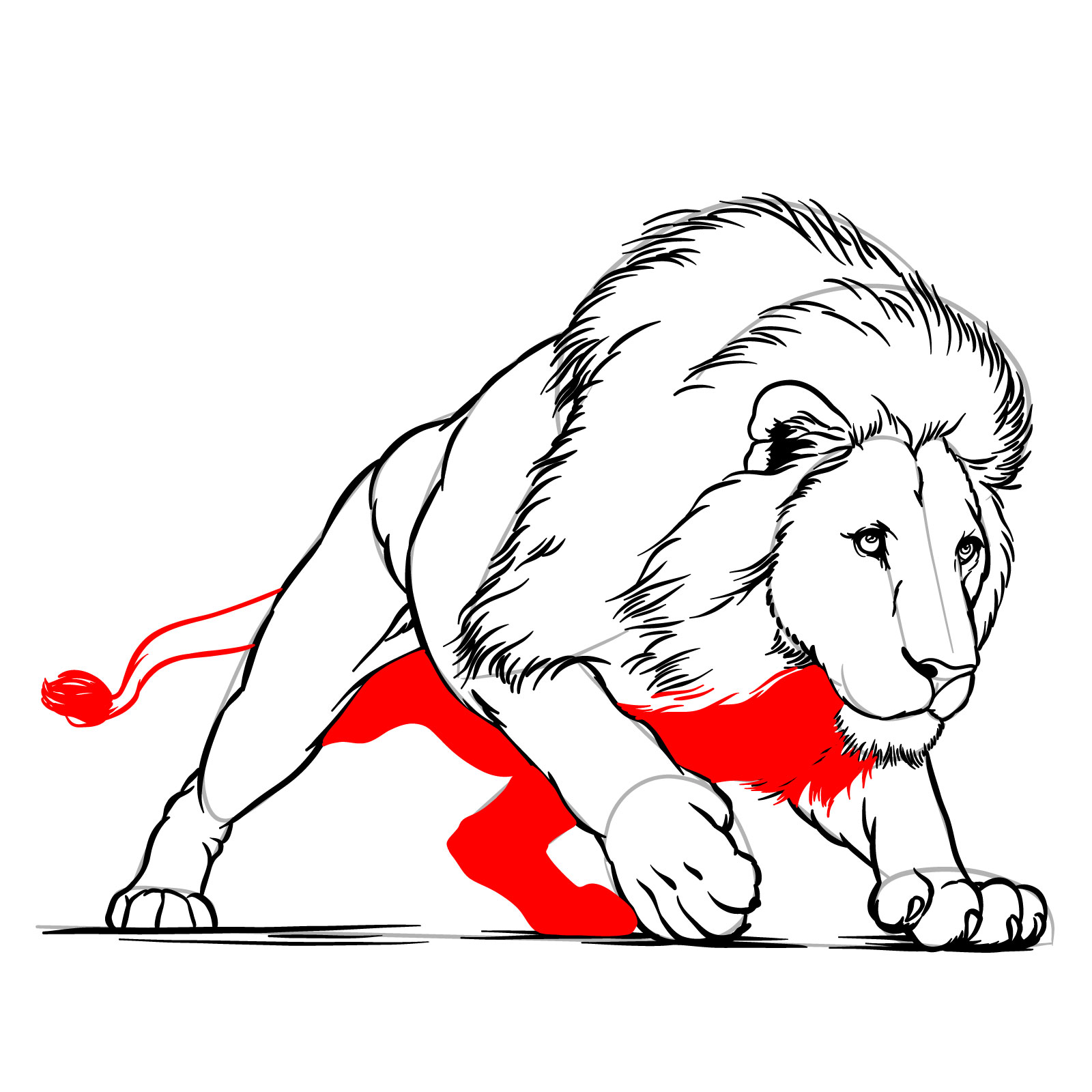 How to draw a hunting lion - Step 17: Second rear leg and shading