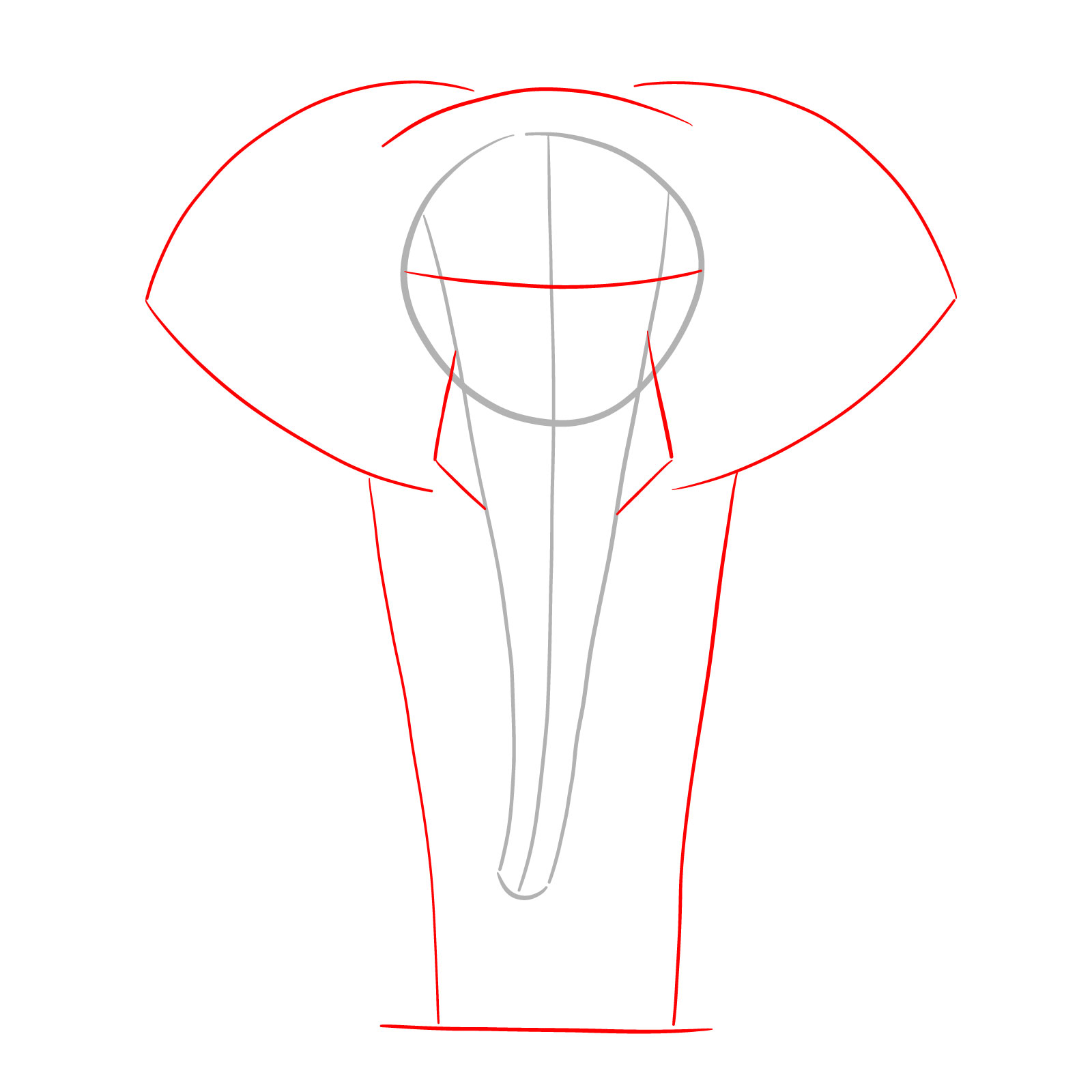 Basic shapes for ears, tusk areas, and body in the elephant drawing - step 02