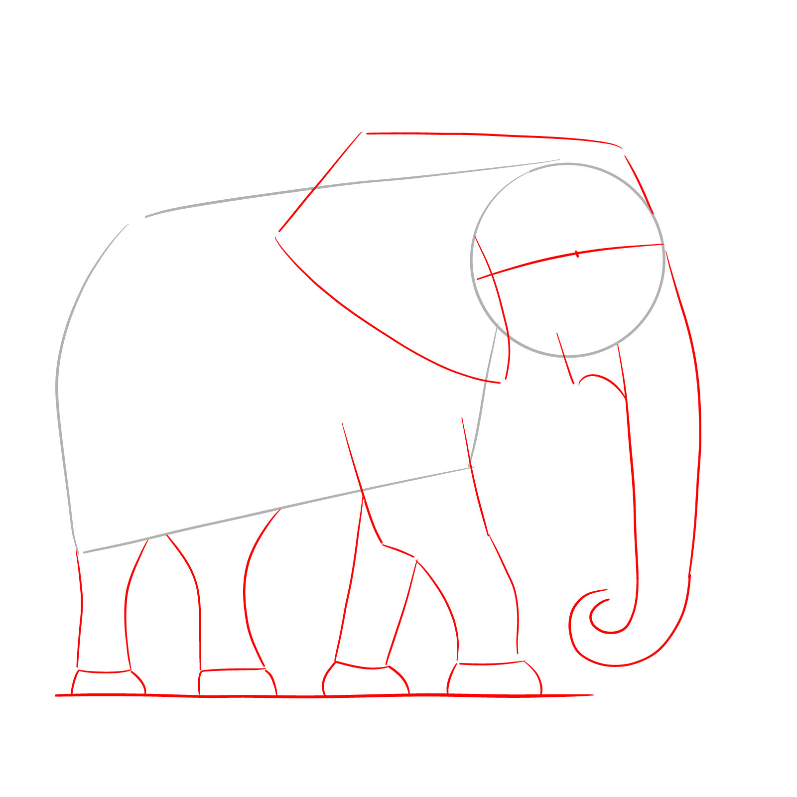 How to draw an elephant full height side view, step 2, adding guidelines for head, ear, trunk, and legs