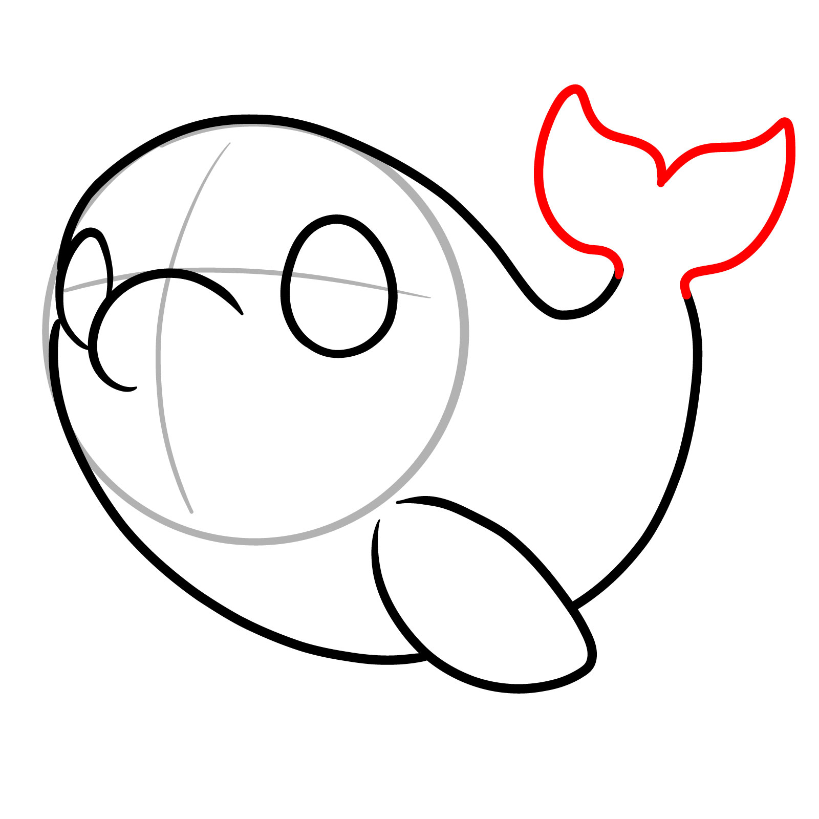 How to draw a cute orca, step 5, drawing the tail fins