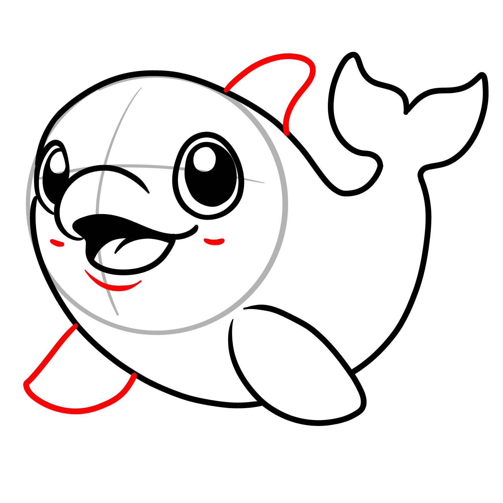 How to draw a cute orca, step 8, adding facial details and fins