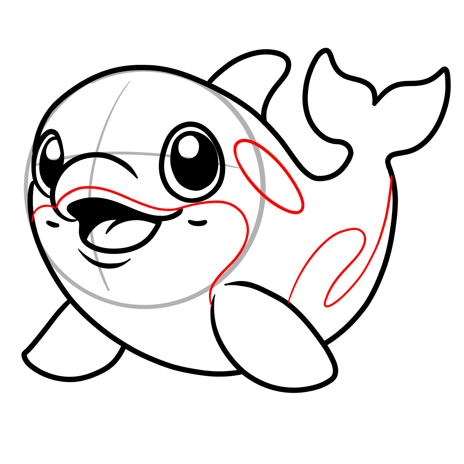 How to draw a cute orca, step 9, outlining the black and white areas