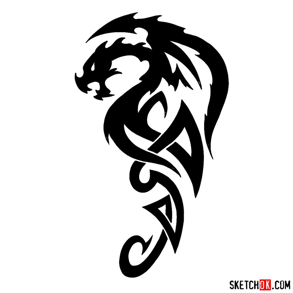 How to draw Tribal Dragon tattoo - Sketchok easy drawing guides