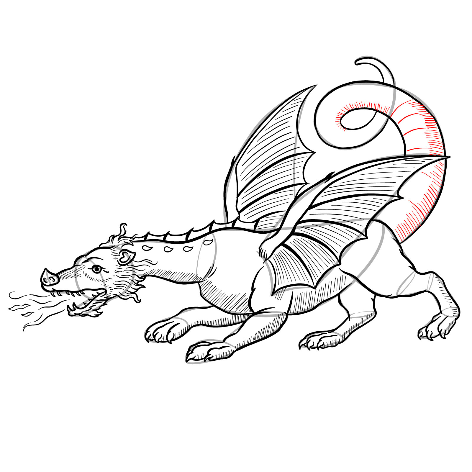 How to draw a classic European dragon - step 45