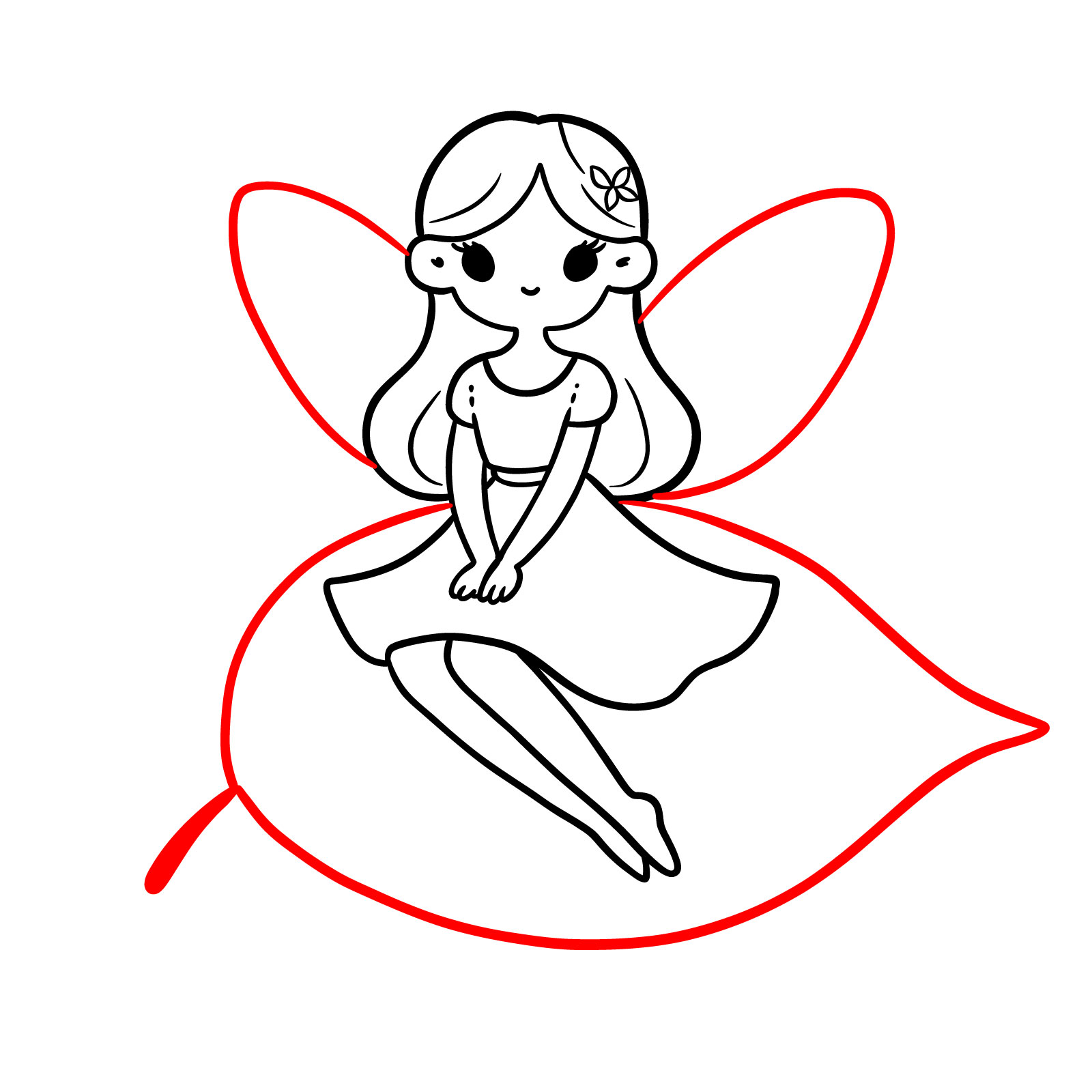 Sketch of a fairy sitting on an undefined leaf with wings outlined behind her - step 13