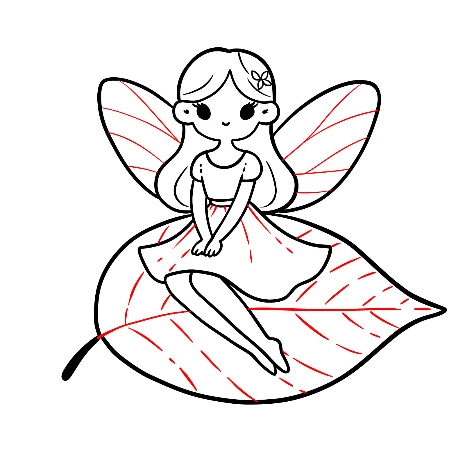 Fairy drawing with detailed leaf and wing patterns - step 14