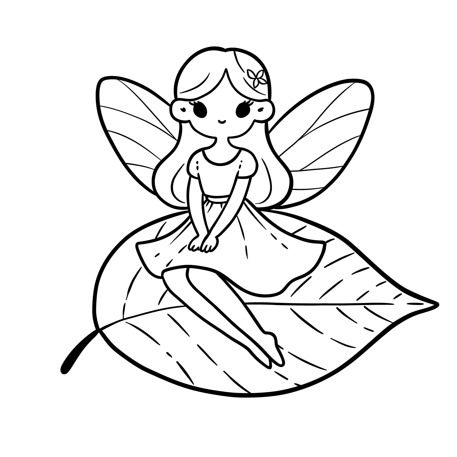 Finished line drawing of a fairy sitting on a detailed leaf with patterned wings - final step