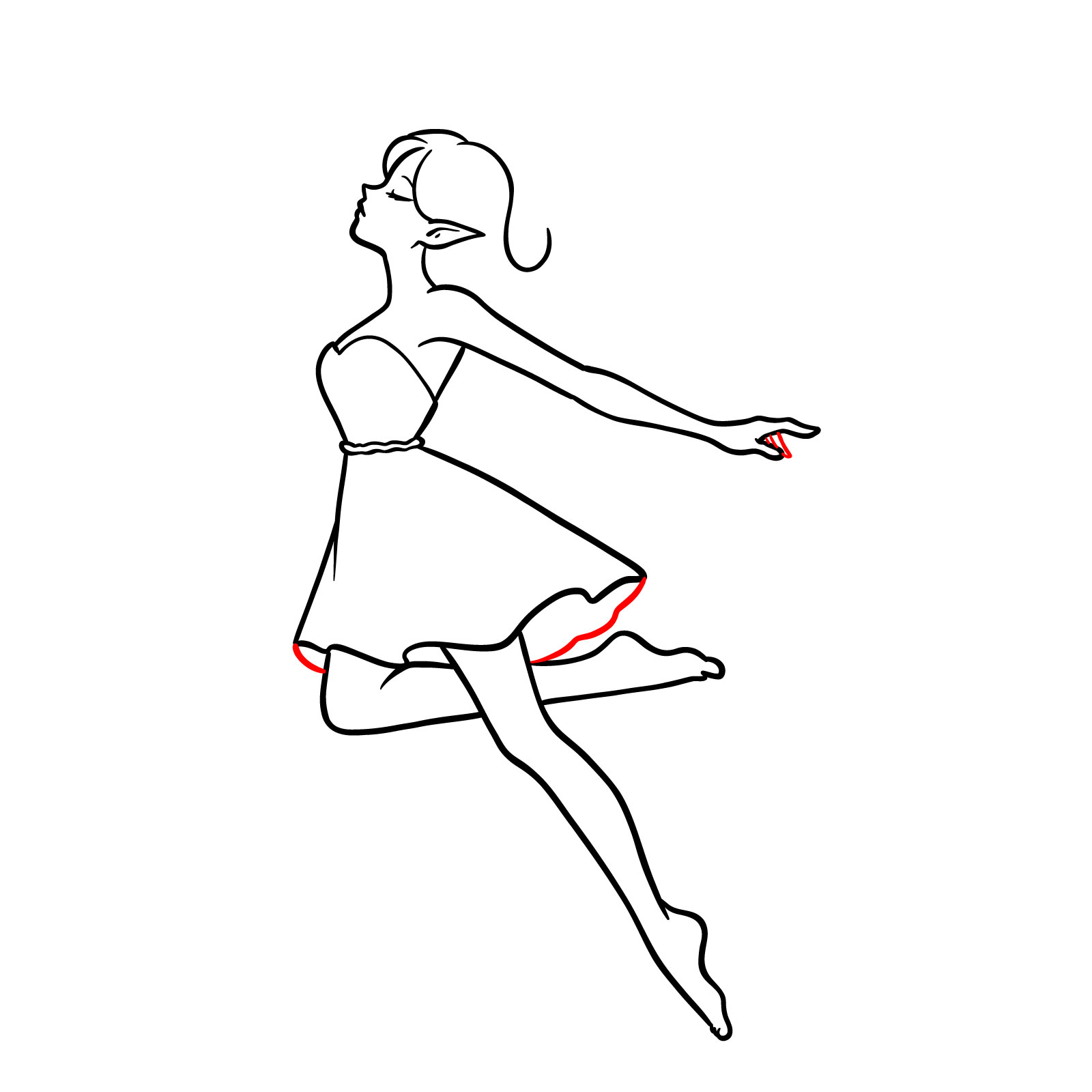 Drawing of a fairy with detailed fingers and skirt - step 10