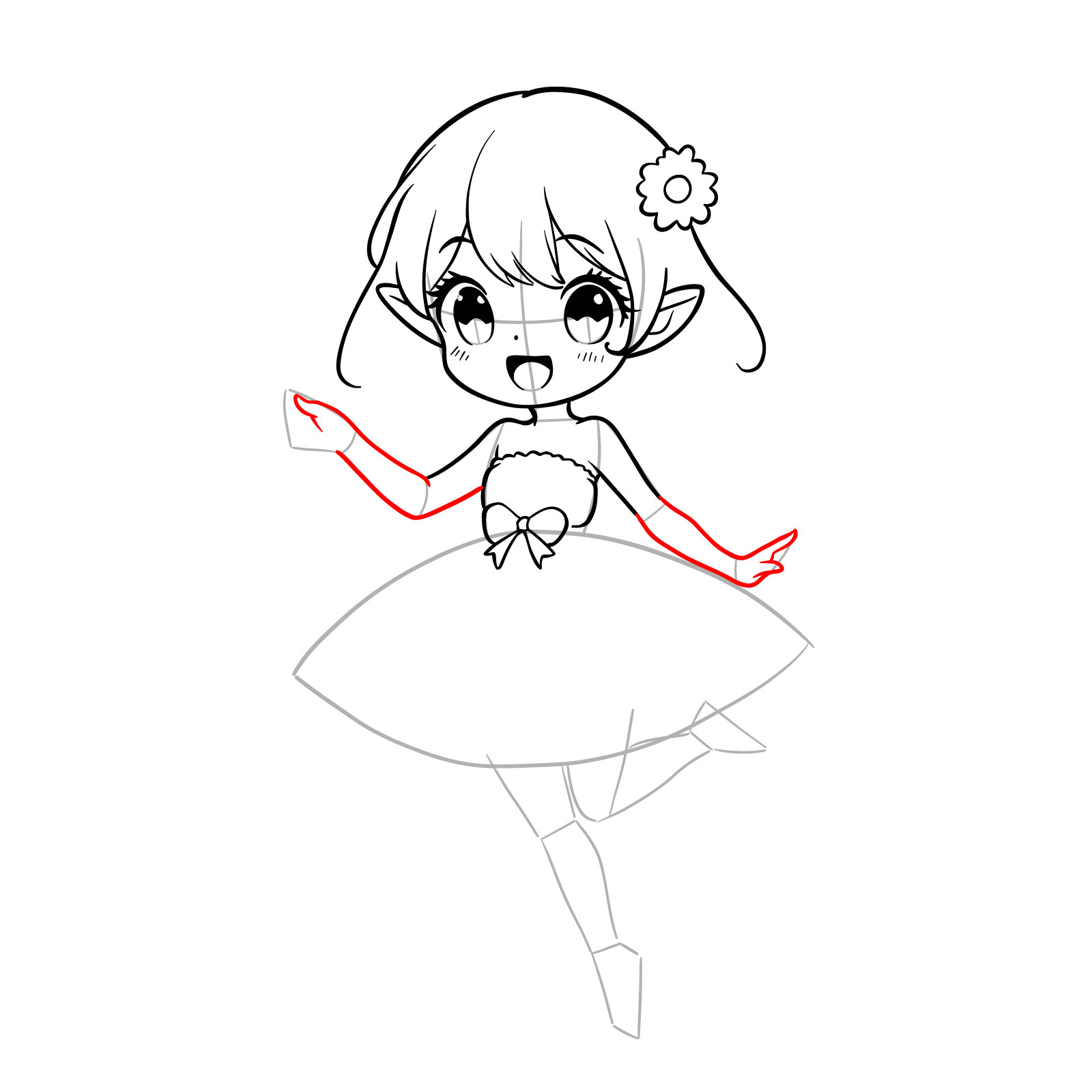 Drawing of an anime fairy with arms sketched out - step 11