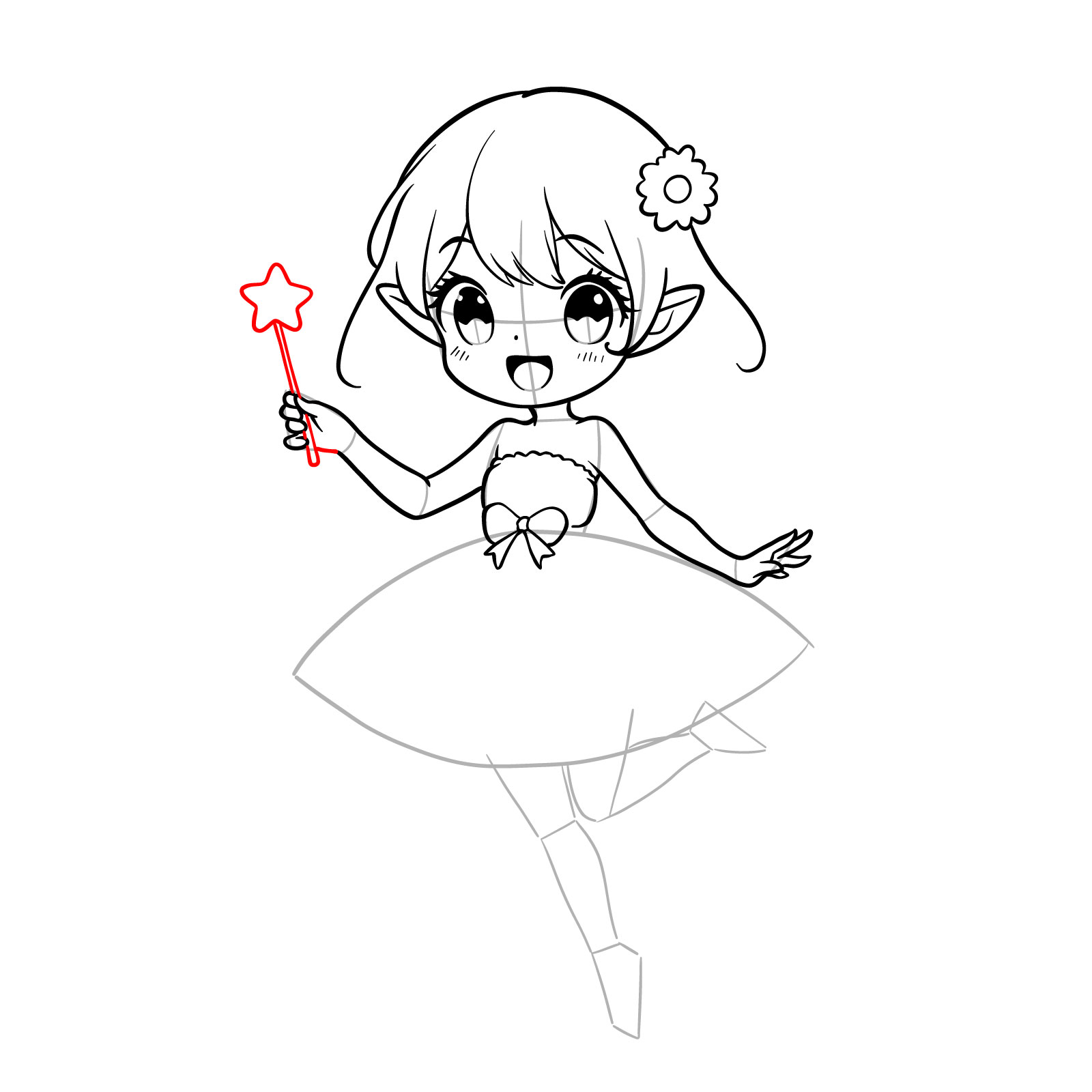 Sketch of a fairy holding a magic wand - step 13
