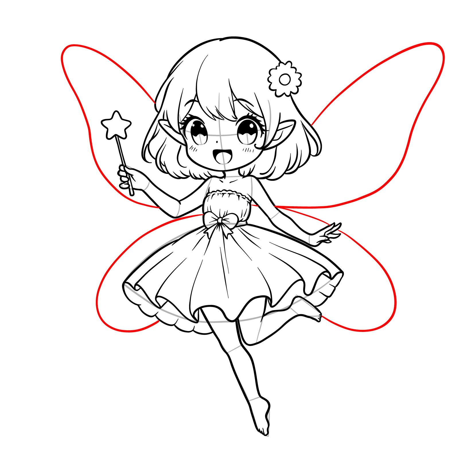 Sketch of an anime fairy with two pairs of wings - step 19