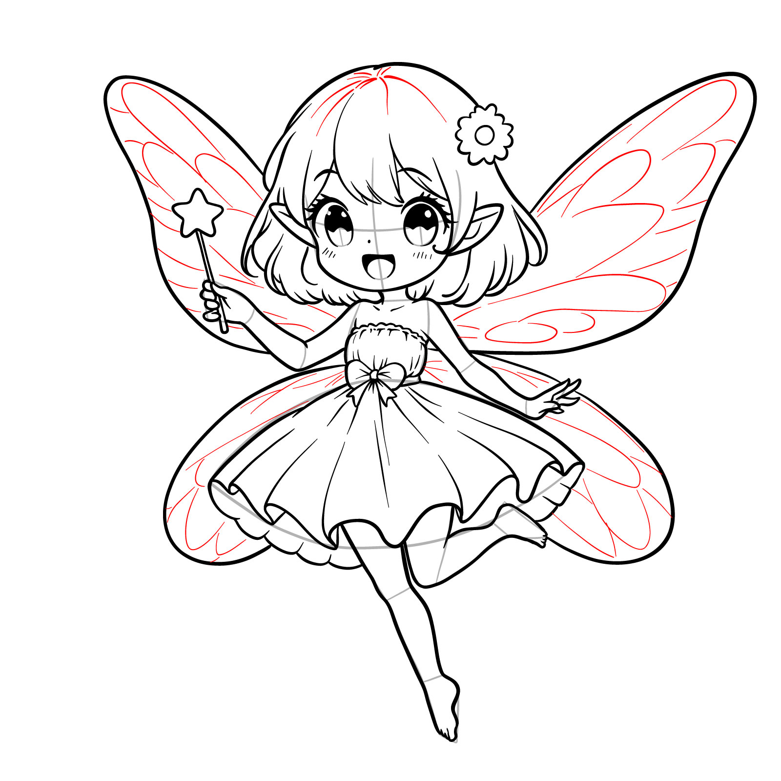 Drawing of an anime fairy's wings with intricate patterns - step 20