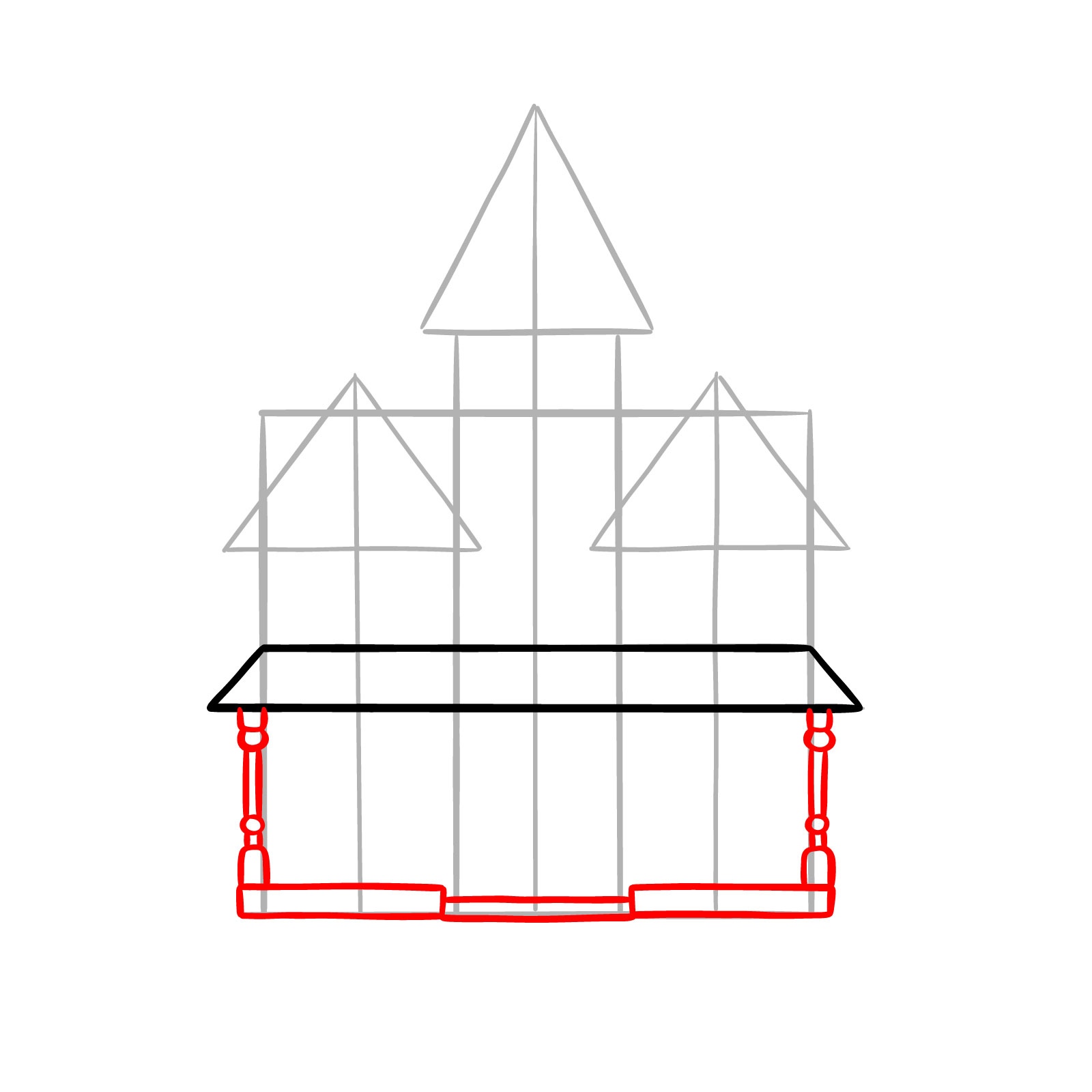 Haunted house porch and columns outlined with rectangles for the base (Halloween haunted house guide) - step 04