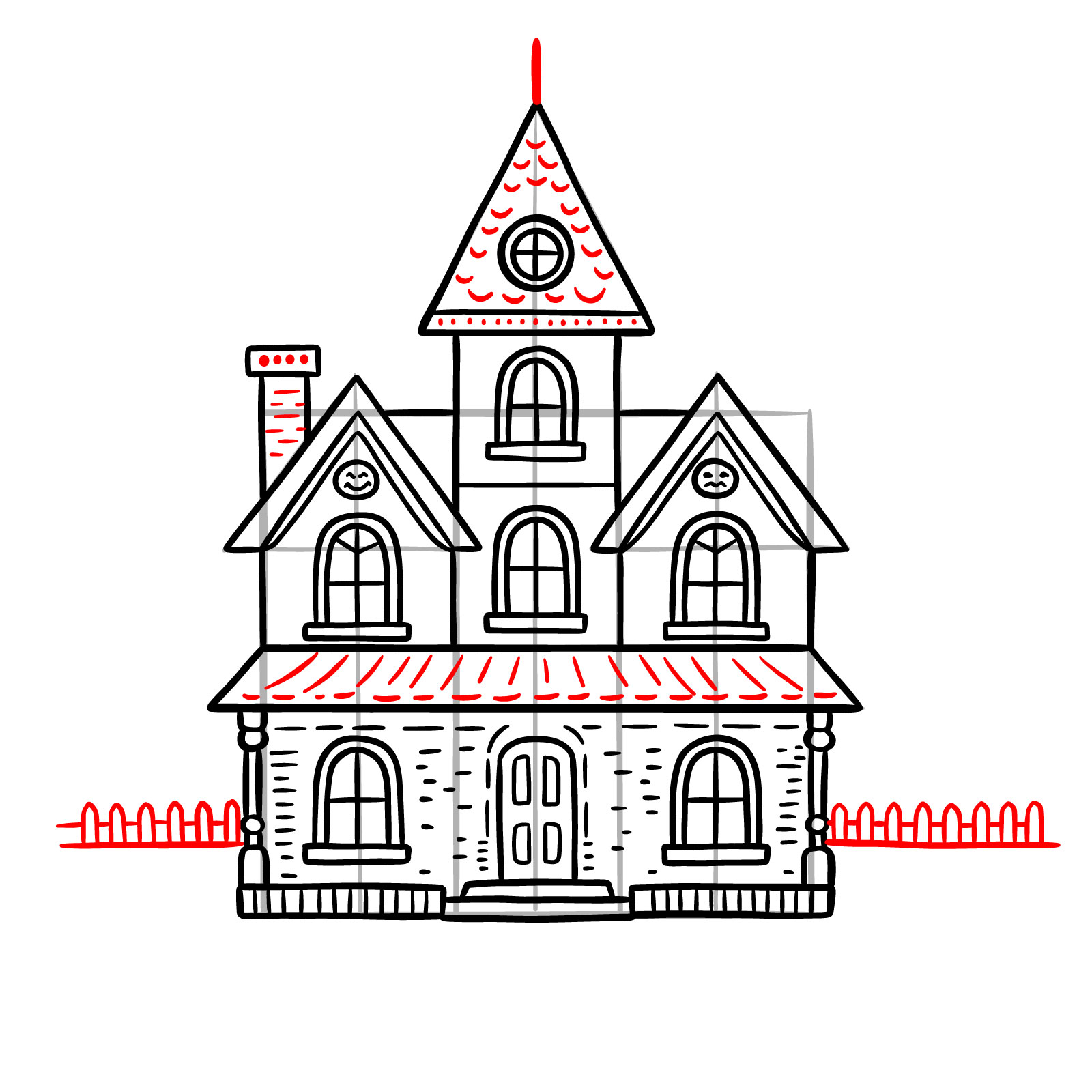 Textured awning, chimney, and picket fence added to haunted house drawing (how to draw a haunted house) - step 13