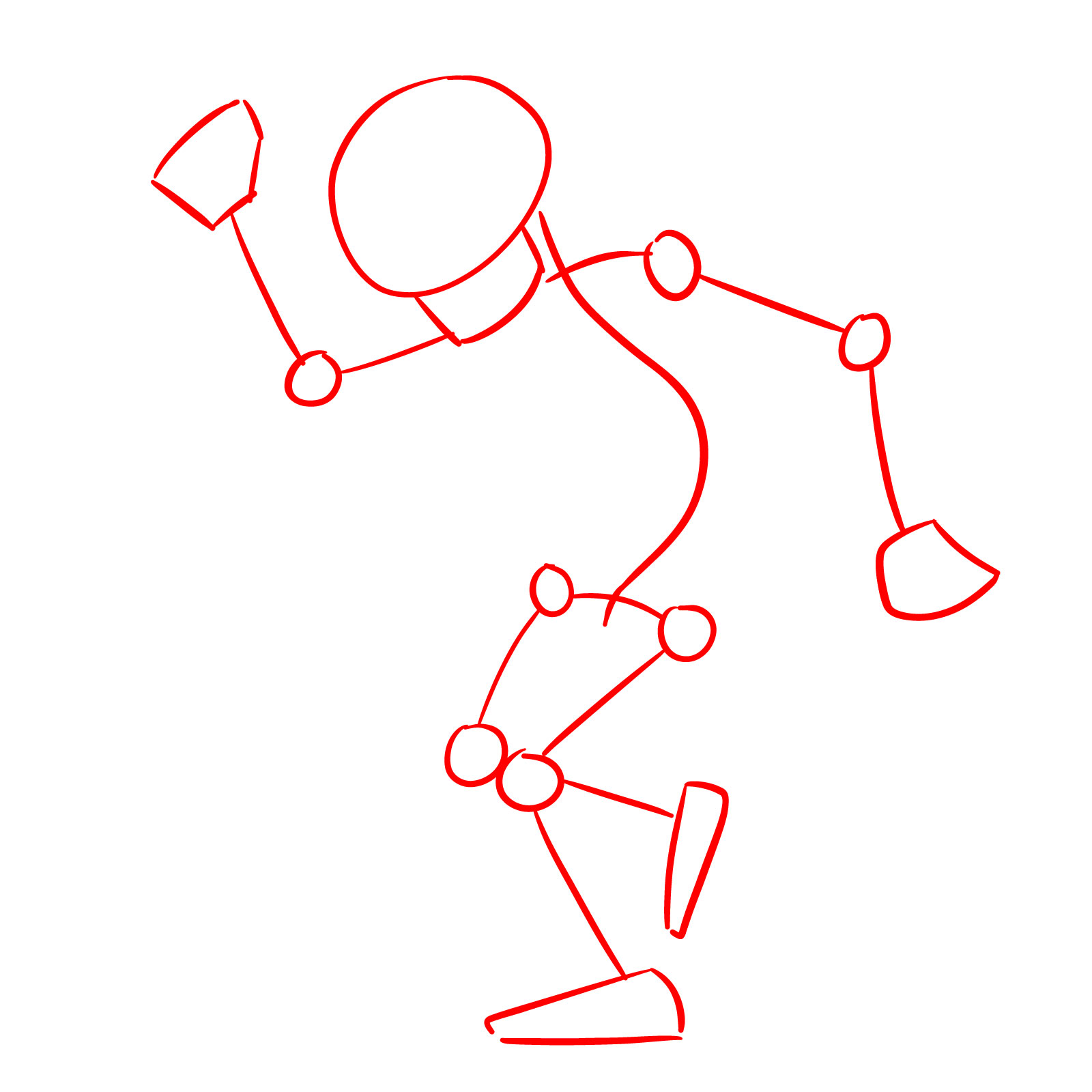 Basic stick figure with joints, an oval skull, and wide U jaw for a skeleton in a pointing pose - step 01