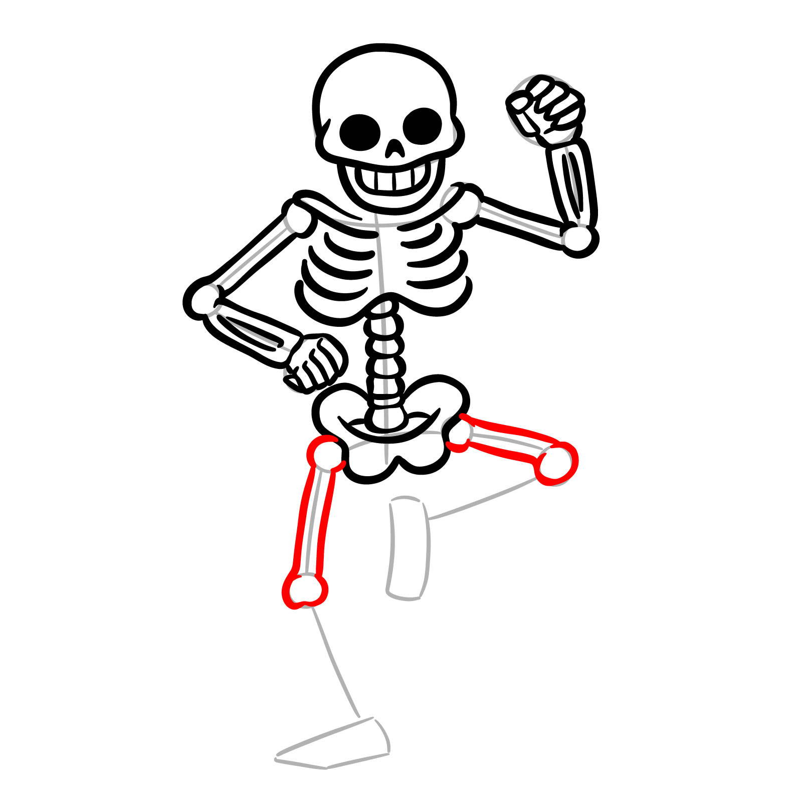 Upper leg bones sketched from pelvis to knees on a skeleton - step 11