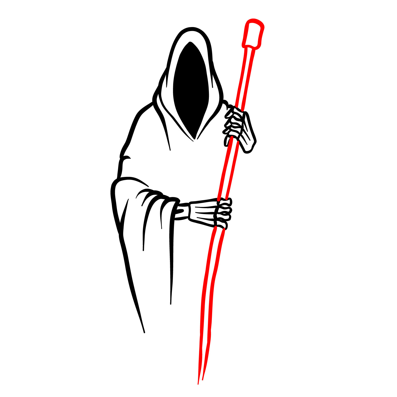 Drawing the long scythe handle in the Grim Reaper drawing - step 07