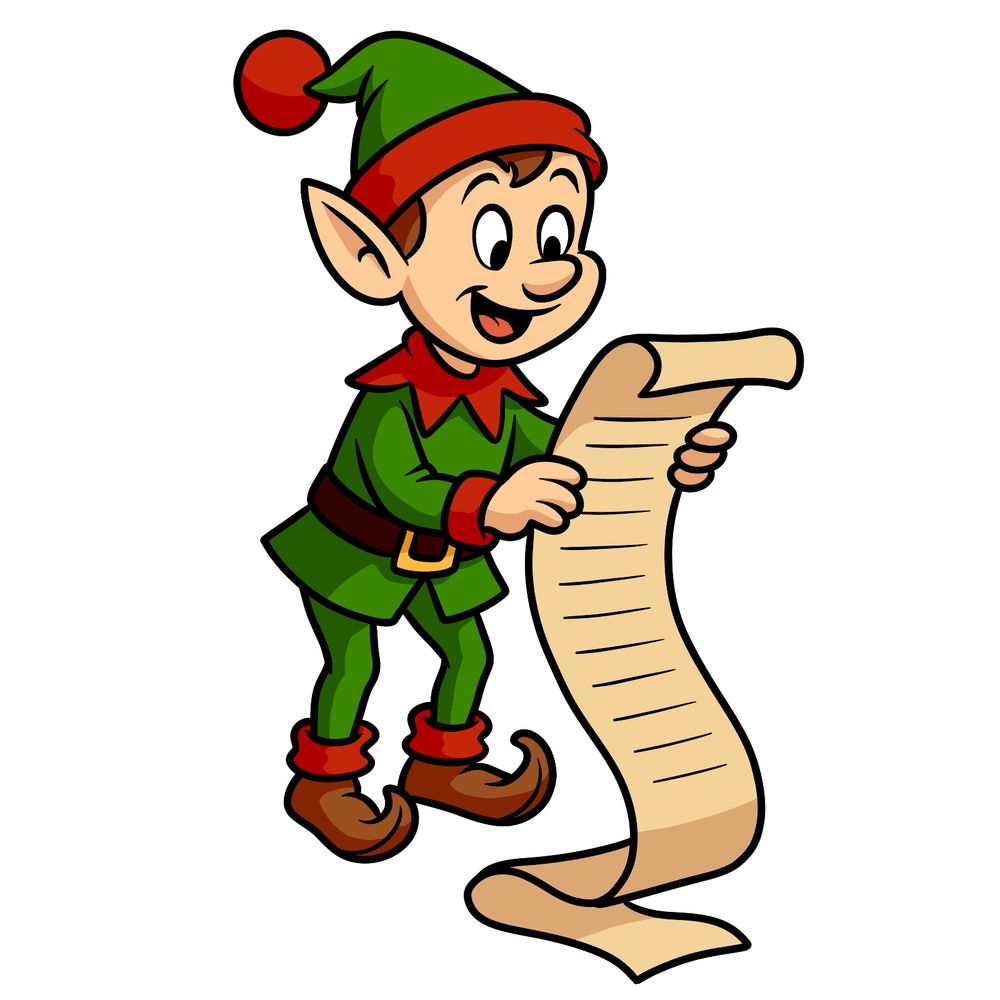 How to Draw a Christmas Elf With a Long Gift List in Cartoon Style